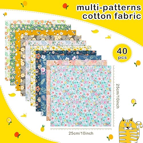 Miniatura 2 de 40 Pcs 10 x 10 Inches Cotton Fabric Bundle Squares Precut Fabric Squares Multi Color Floral Fat Sheets for Craft DIY Quilting Sewing(Bright Patterns)