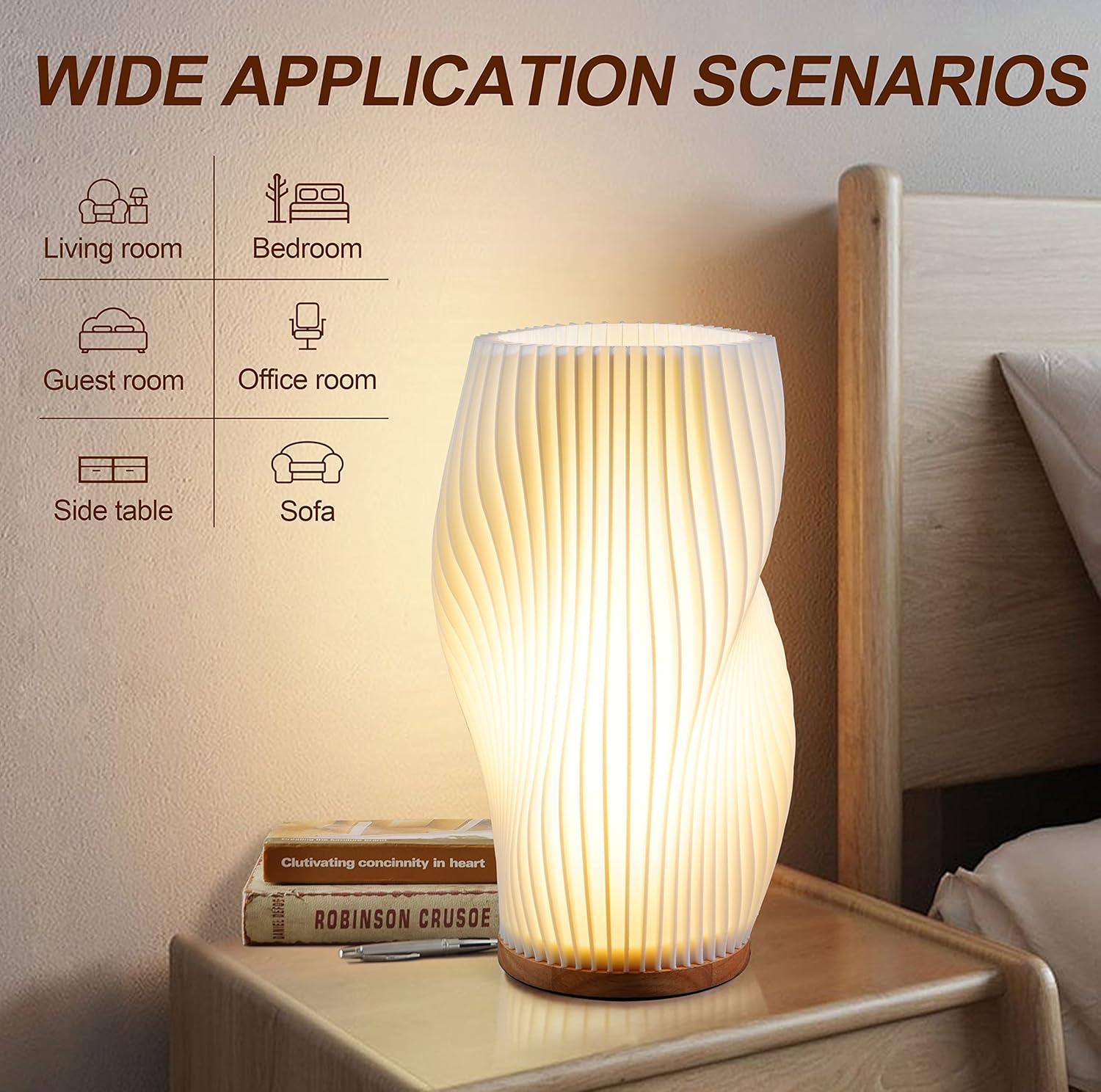 Medium White Zenply Novelty Small Table Lamp for Bedroom, Vintage Style Striped Night Light, Mini Bedside Lamp for Living Room, Office, Dorm (MD)