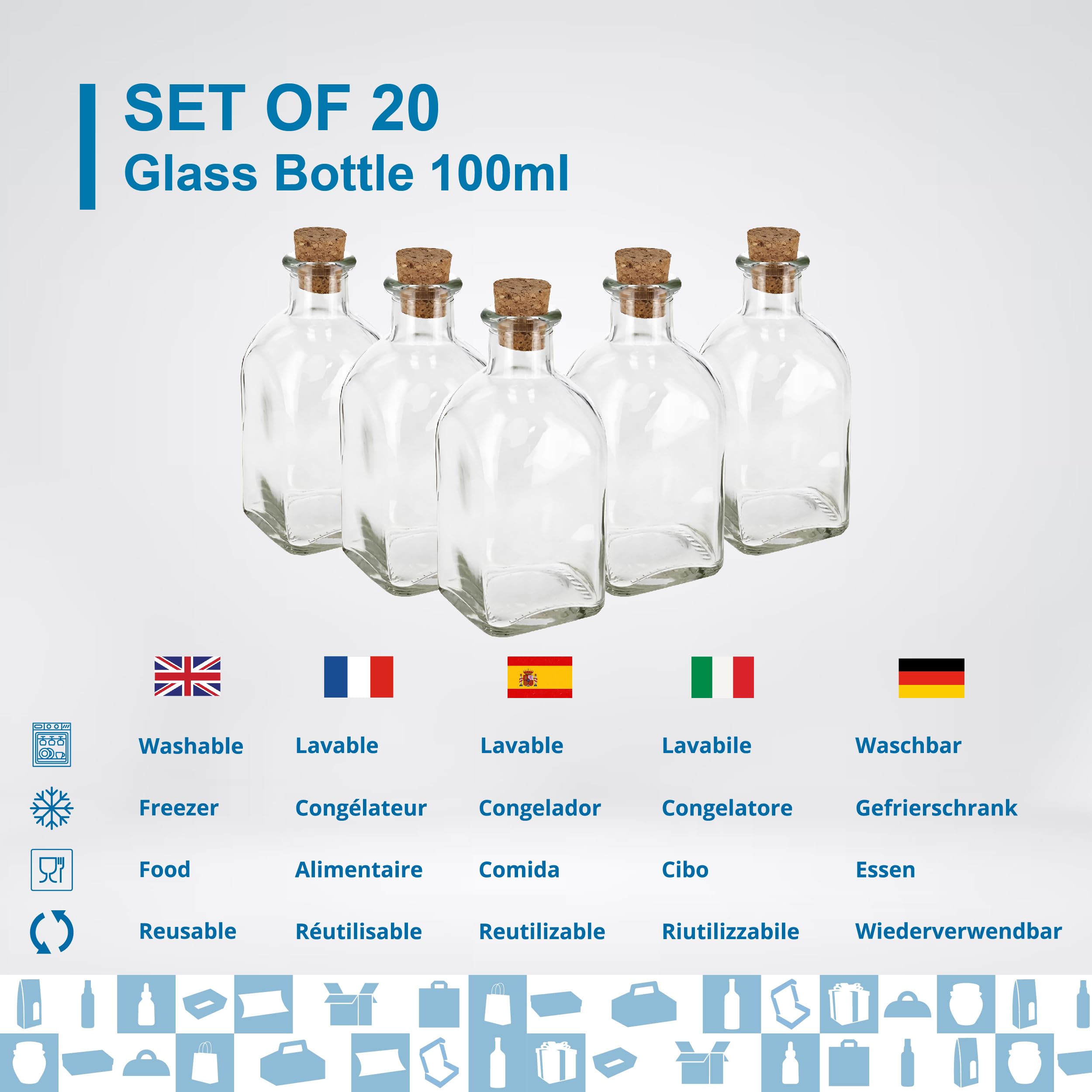 Espirito Rebelde 20 Botellas de Vidrio 100 ml con Tapón de Corcho – Botellas Cuadradas para Licor, Whisky, Ron y Vino