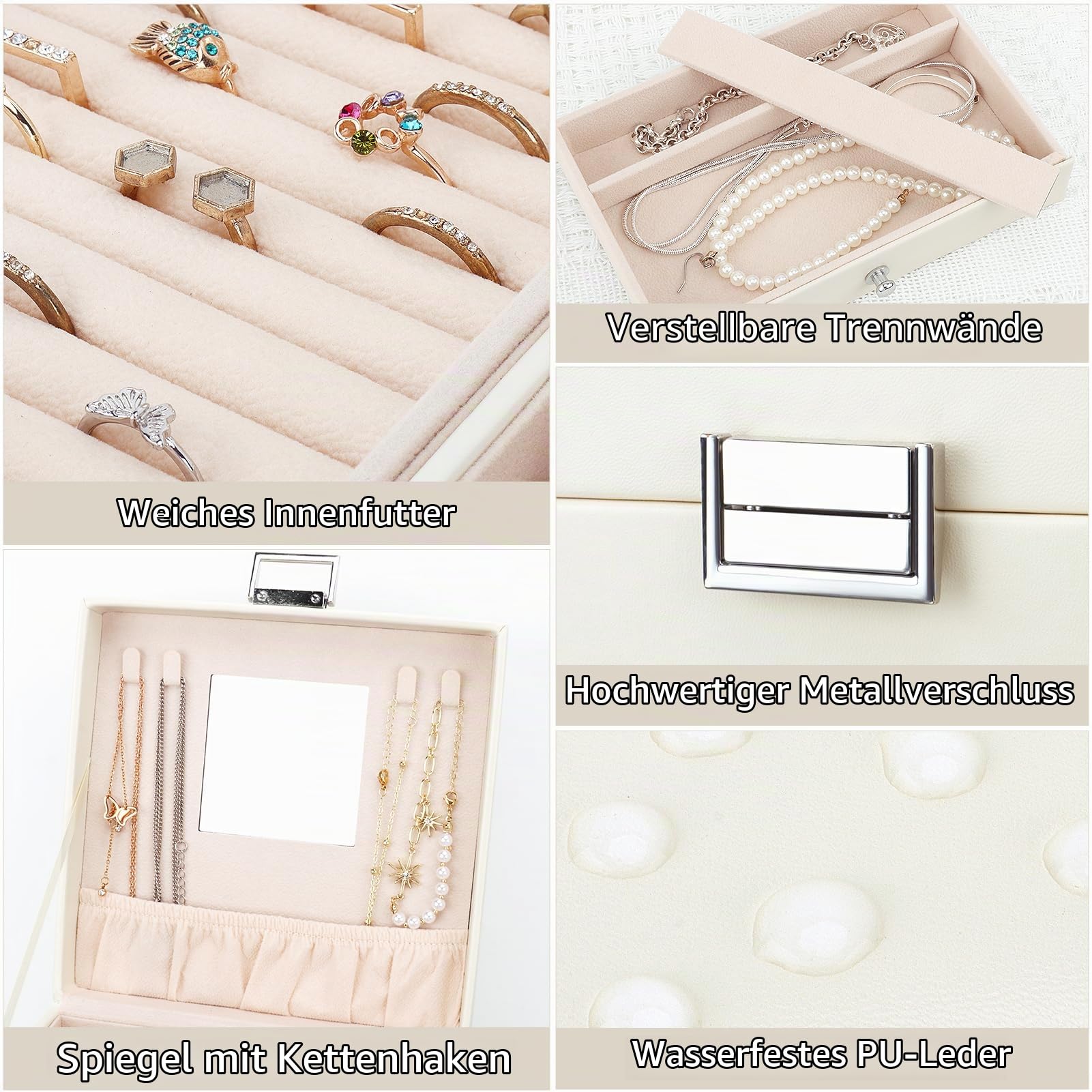 Schmuckkästchen mit 6 Schubladen, Große PU Schmuckkasten 5 Ebenen mit Seitlichen Schubladen und Spiegel, Schmuckbox für Ringe, Ohrringe, Armbänder, Halsketten, Beige