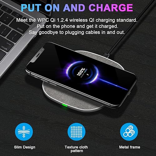 Miniatura 4 de Alfombrilla de carga inalámbrica, base de metal antideslizante, ultra delgada, con certificación Qi de 15 W, almohadilla de carga rápida máxima para