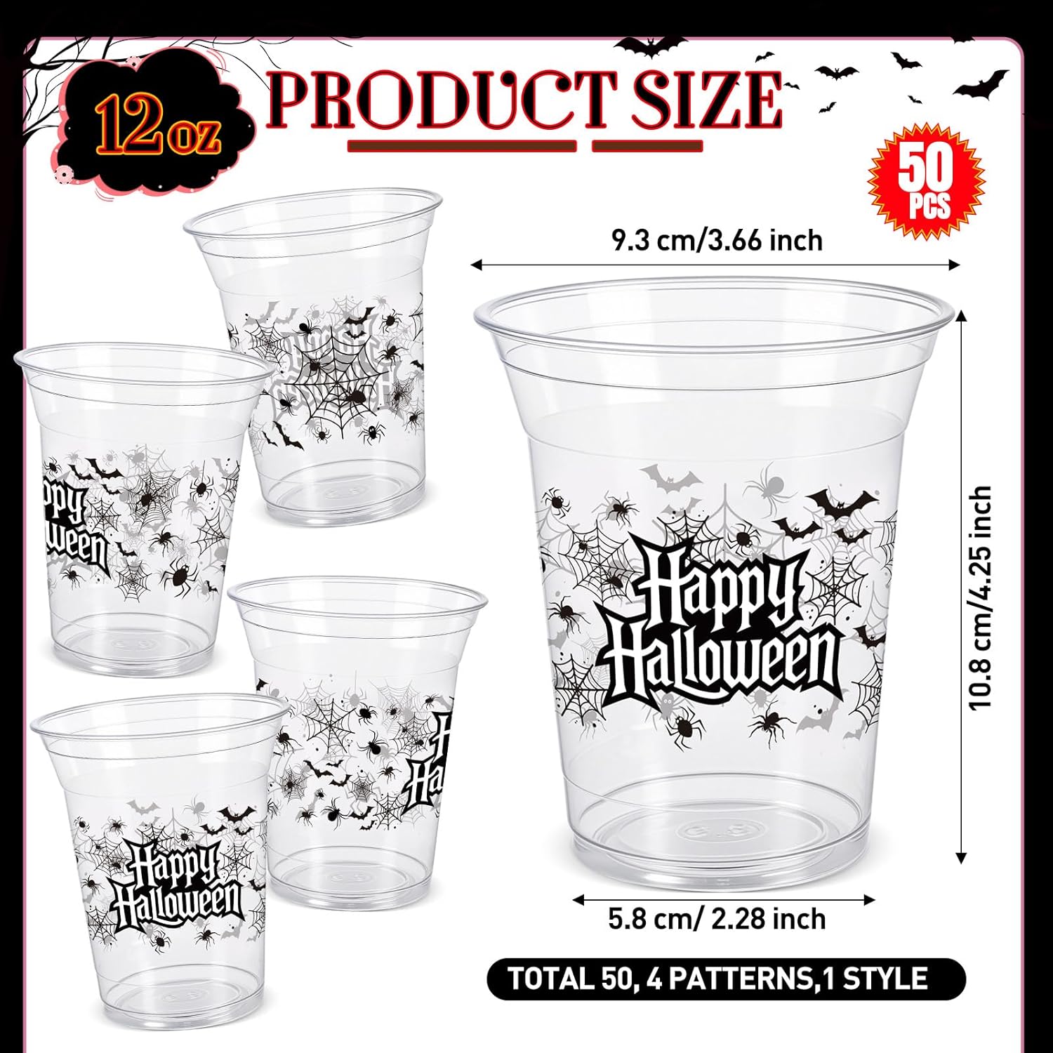 Honeydak 50 Pcs Halloween Cups 12 oz Spider Plastic Cups Clear Happy Halloween Disposable Glasses Scary Theme Drinking Glasses for Kitchen Scary Party Favors Supplies Decoration(Black, Spider) - Image 3