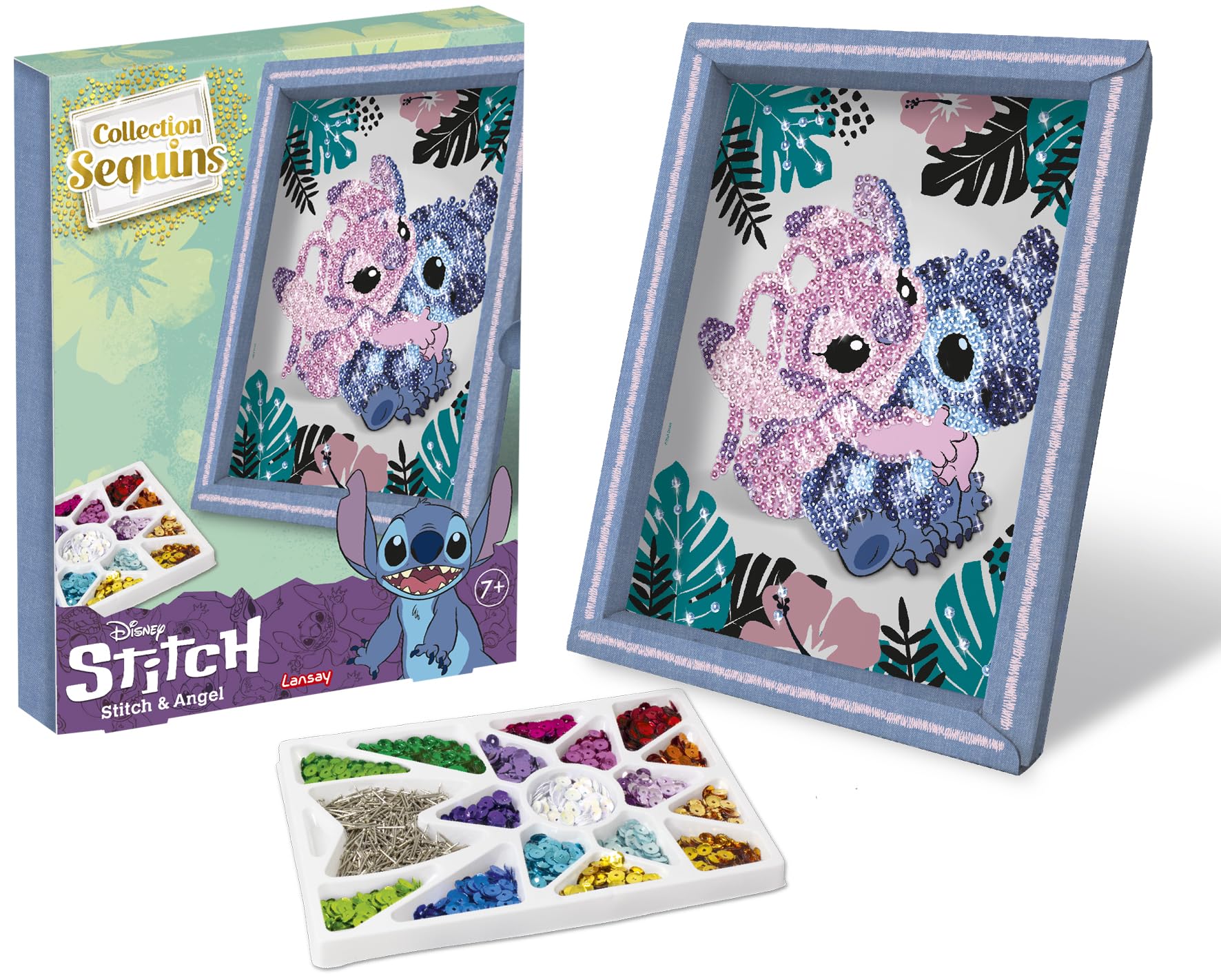 Lansay - Collection Sequins - Stitch & Angel - Creative Kit for Kids Age 7 - Sparkling Sequin Frame for Stand or Hang - Fun Craft and Creative Hobby