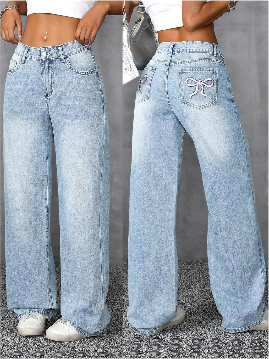 WDIRARA Women's Bowknot Embroidery Y2k Jeans Straight Leg Cute Denim Pants