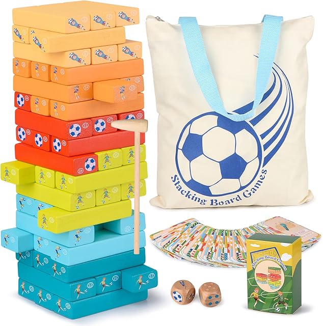 Sundaymot Wooden Tumble Tower Game, 51 PCS Stacking Board Games with Dice & Playing Cards & Mini Hammer, Coloured Building Blocks Educational Toys for Kids 3+ Years for Parent-Child Interaction