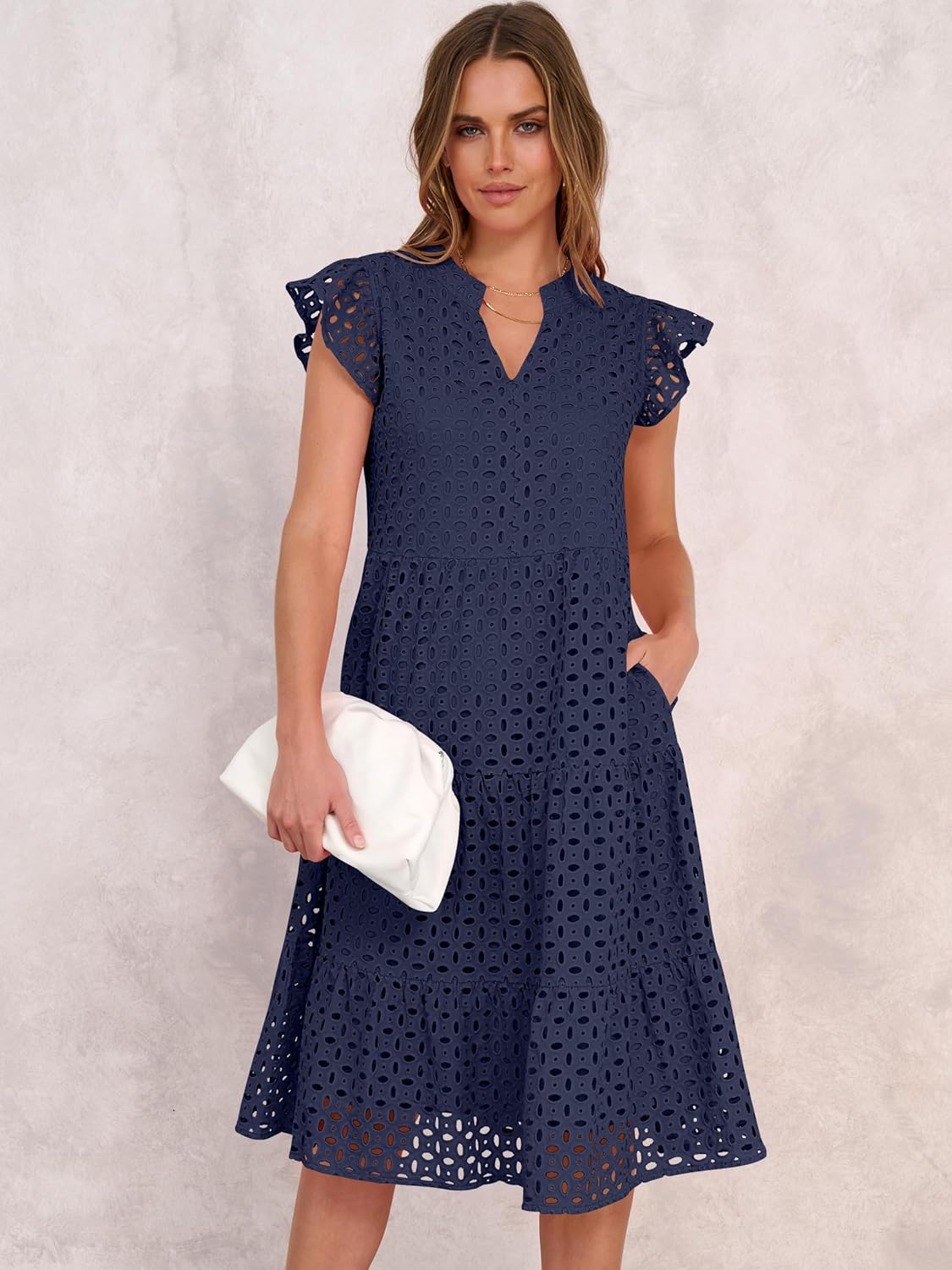 ANRABESS Womens 2026 Summer Midi Dress Hollow Out Eyelet Ruffle Sleeve V Neck Casual Flowy Tiered Beach Vacation Sundress - Image 2