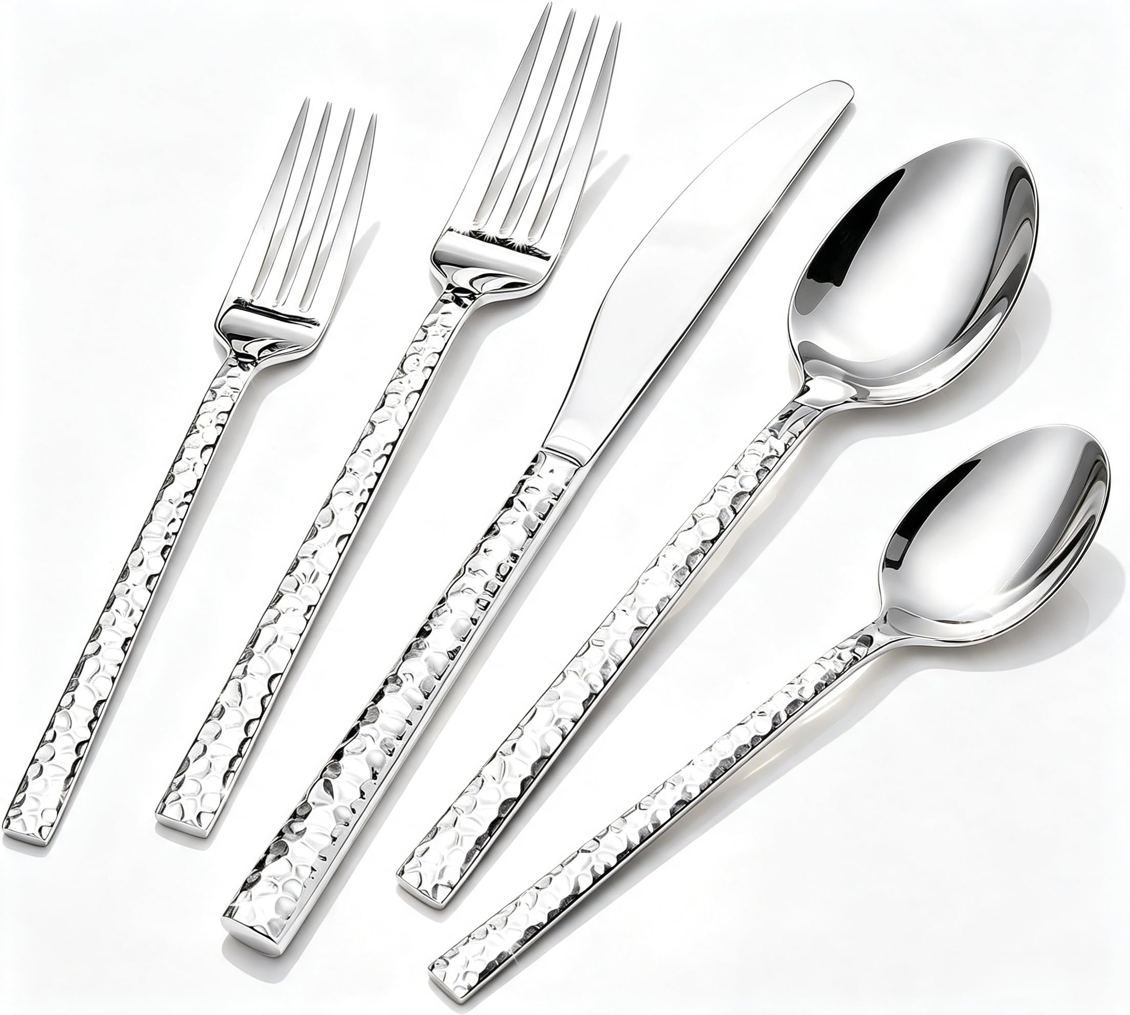 Besteck Set 12 Personen aus Gehämmert, 60-Teilig Essbesteck 18/10, Edelstahl Besteckset für Zuhause, Partys, Hochzeiten, Cutlery Set Hochglanzpoliert Spülmaschinenfest (Silber)
