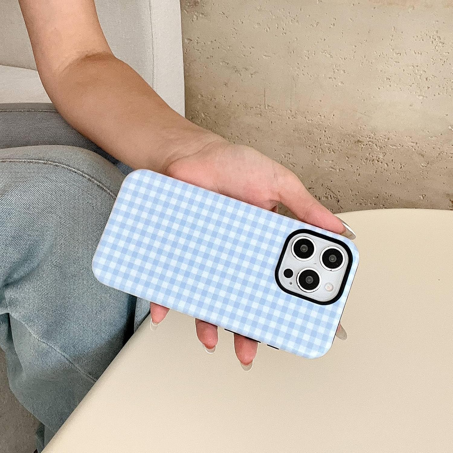 Gingham Plaid Magnetic Phone Case for iPhone 15, Blue White image 3