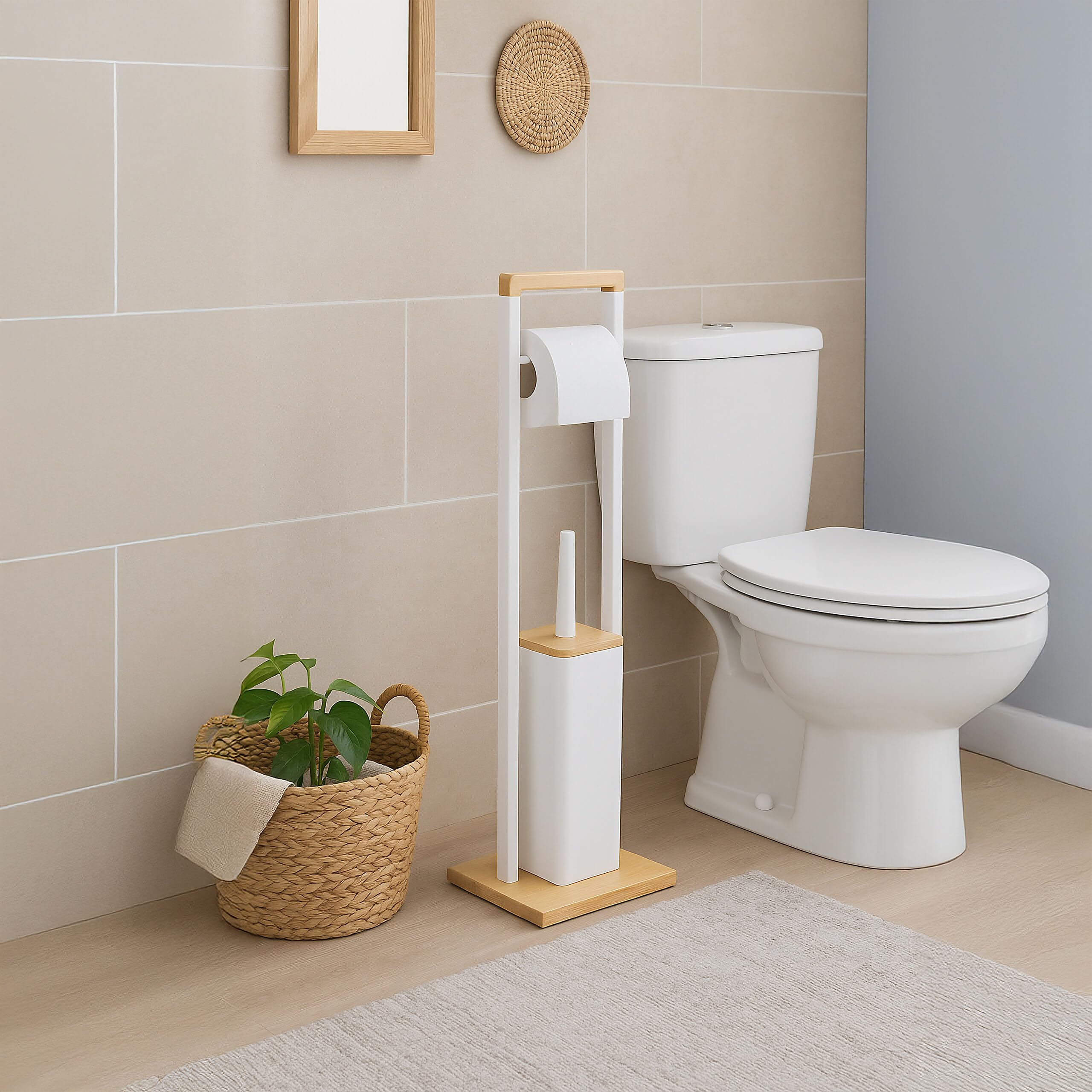 Relaxdays Soporte de Papel higiénico con escobilla de pie de bambú, 76.5 x 28 x 18 cm, Blanco