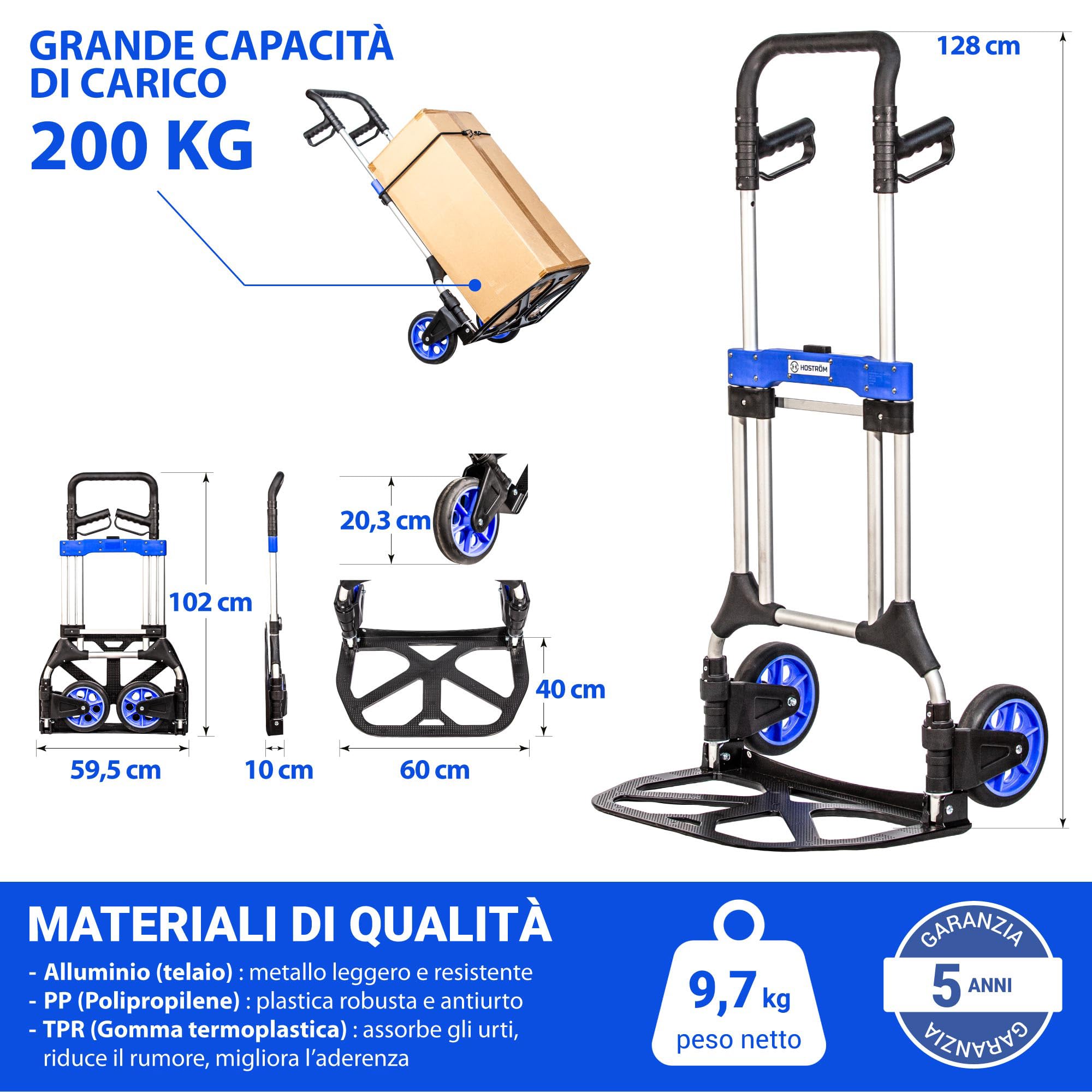 HOSTRÖM Carrello a mano pieghevole in alluminio per impieghi gravosi, carrello a mano pieghevole per traslochi, trasporto materiali, ruote grandi, carico massimo 200 kg, 5 anni di garanzia.