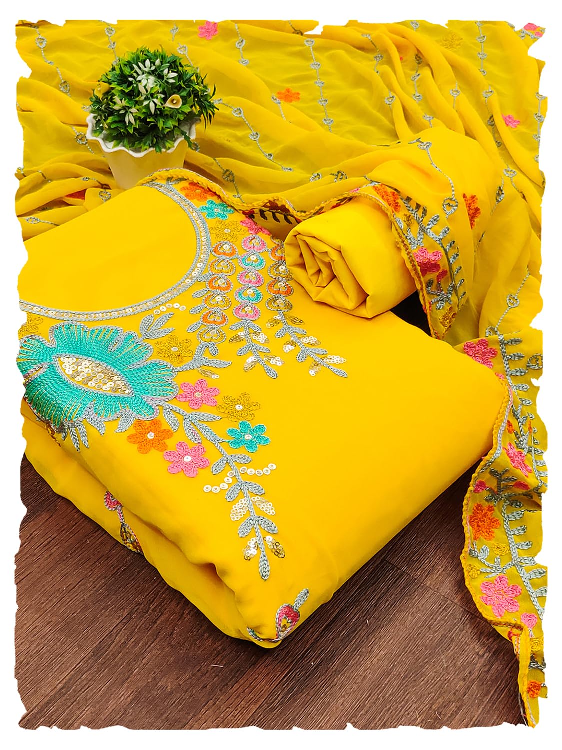 Women Georgette Sequin & Floral Pattern Multicolor Thread Work Dress Material-image-45