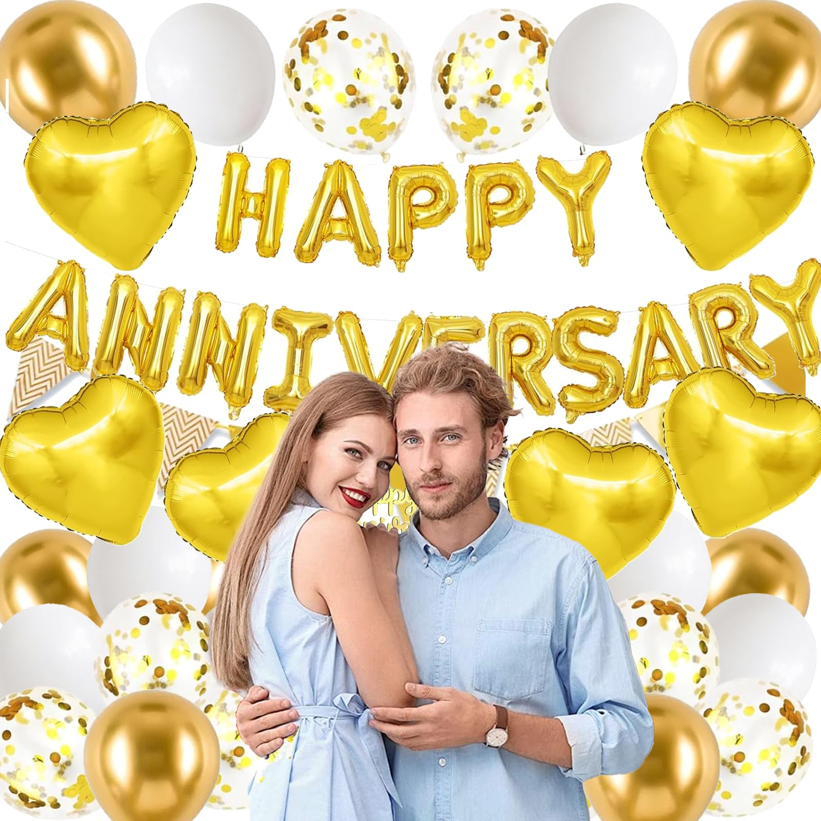Happy Anniversary Decorations, 48Pcs Gold Romantic Wedding Decoration Set including Heart Foil Balloon - Image 4
