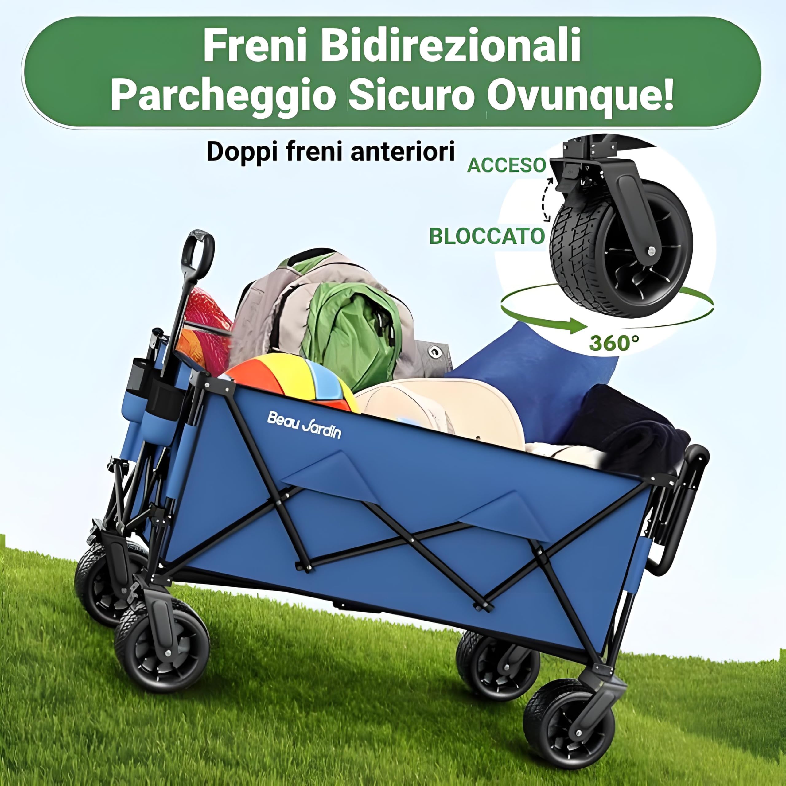 BEAU JARDIN Carrello Pieghevole Giardino Tela Vagoni Carrello da Trasporto con 4 Ruote e Freni in Acciaio Carrello Rimorchio a Mano da Trasporto Carico Massimo 100KG Blu Scuro