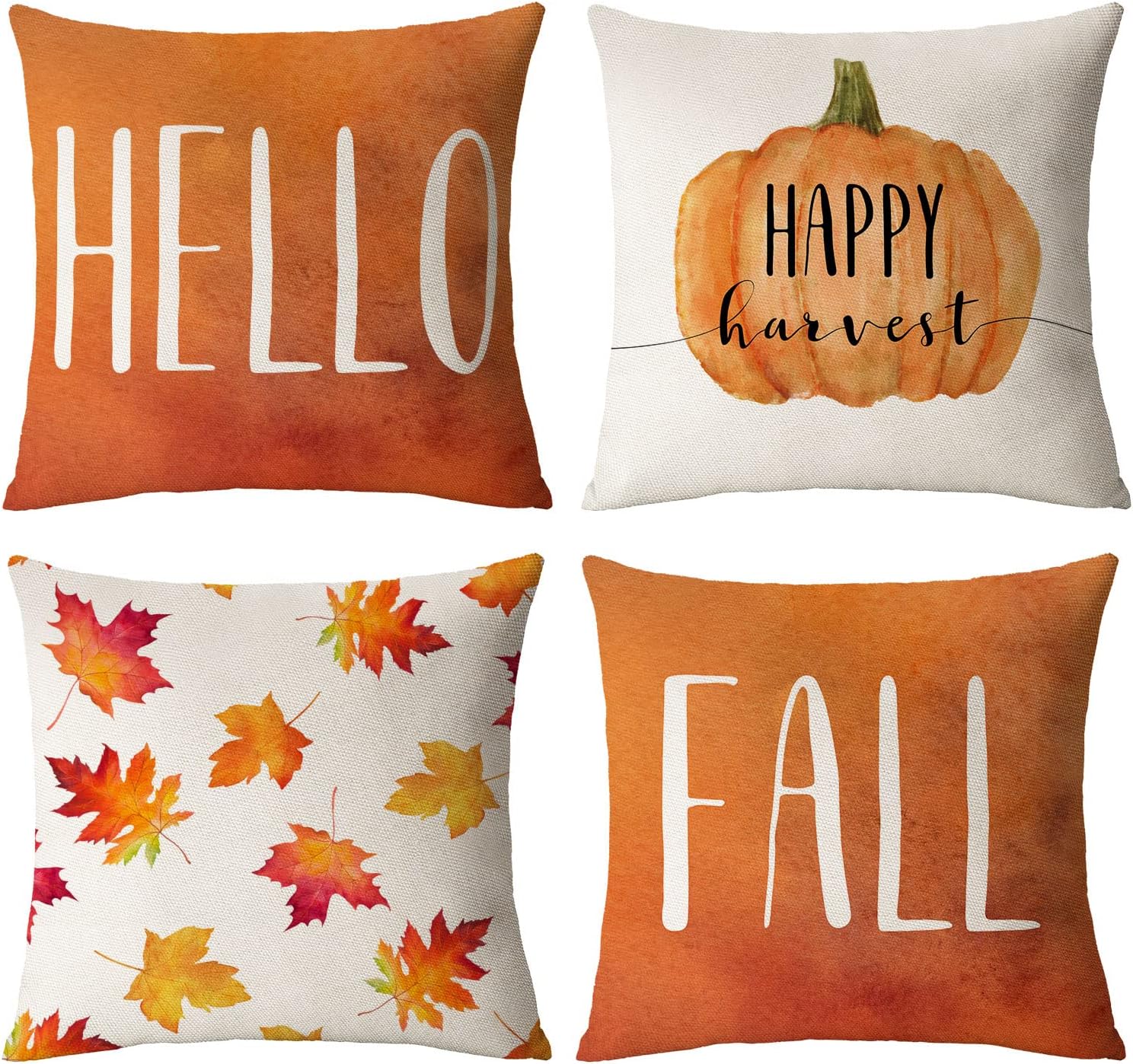 Set of 4 Fall Pillow Covers 16x16 Inch Hello Thanksgiving Decor Throw Pillows Pumpkins Autumn Leaves Decorative Home Outdoor Sofa Couch Cases for Fall Theme Decorations