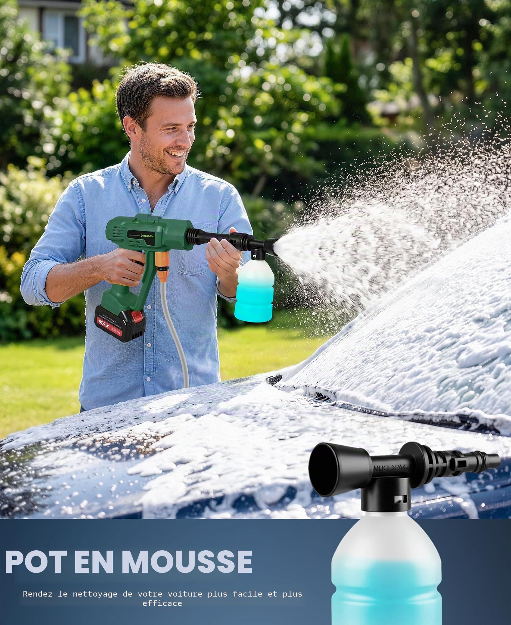 DeeprBetter Nettoyeur Haute Pression sans Fil, 600PSI Nettoyeur Haute Pression sur Batterie Rechargeable avec Buse Réglable 6-en-1, Pistolet Hautes Pressions sans Fil à 3 Vitesses réglables - Vert