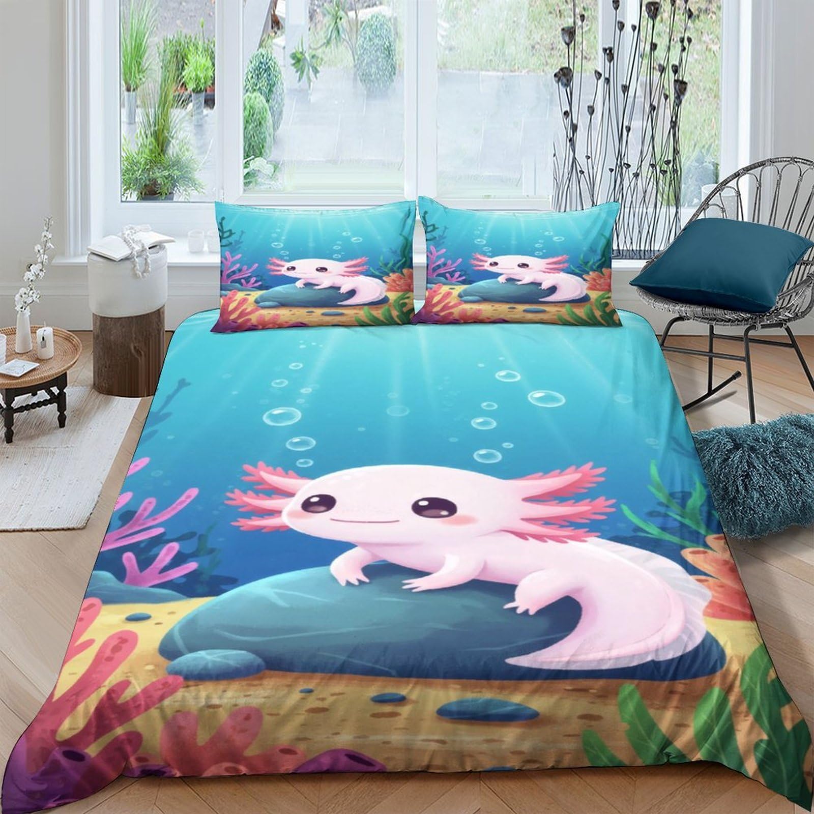 Ctjqhvkz Style-6 3D Printed Cute Axolotl Fitted Sheet Microfiber Cartoon Underwater Bed Cover, Soft Washable Decor For Bedroom Dorm Single（135X200cm）
