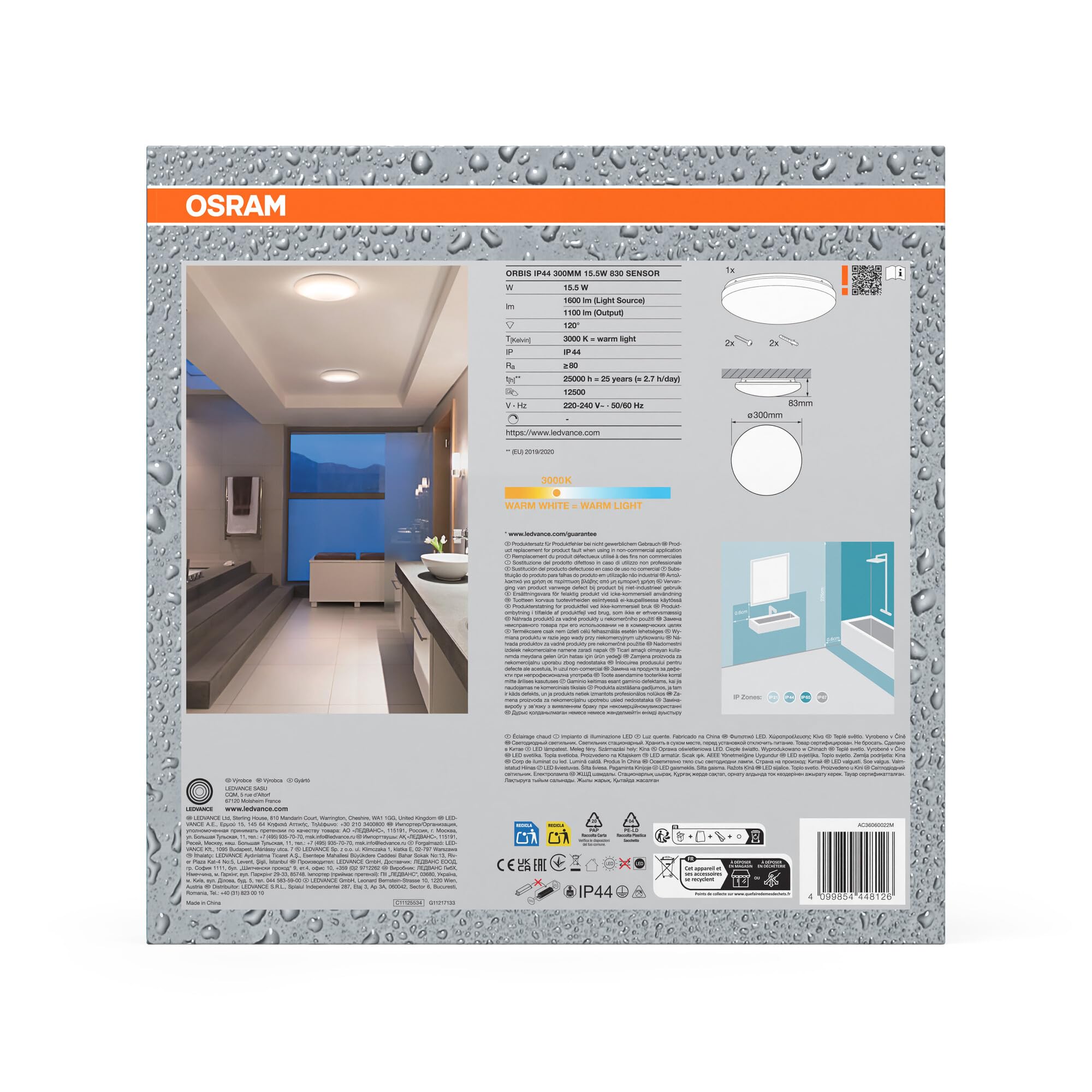 Osram Orbis plafonnier/applique à capteur 300mm, luminaire en aluminium blanc protection contre les éclaboussures, protection IP44, pour salle de bain, couloirs et passages