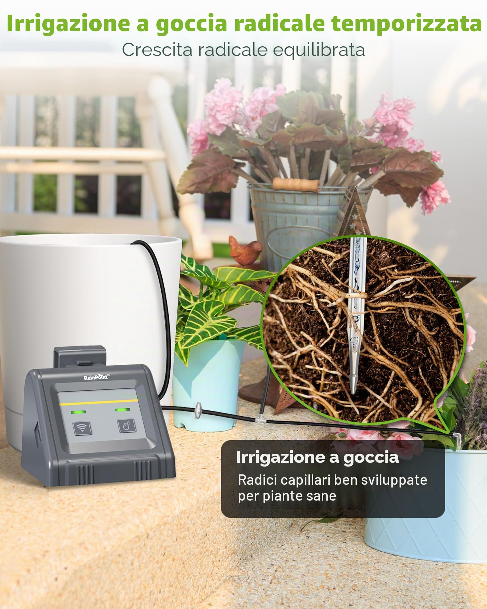 RAINPOINT WiFi Sistema di irrigazione automatica, dispositivo automatico di irrigazione a goccia con pompa, APP telecomando modalità automatica/manuale/smart per balcone, piante in vaso