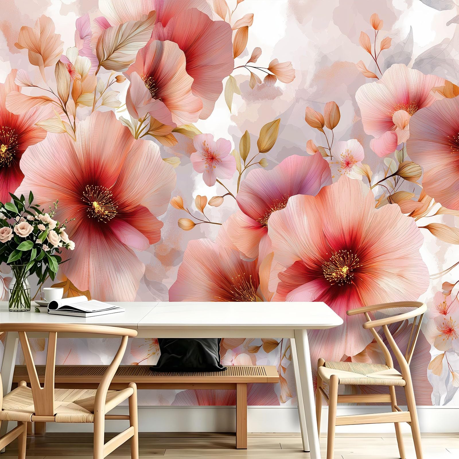 Malowidła ścienne tapeta kwiaty piwonie nadruk dekoracja wnętrza 200 x 140 cm plakat tapeta mural do salonu kuchni łazienki, przedpokoju funkcja telewizora ściana akwarela płatki wrażenie 3D