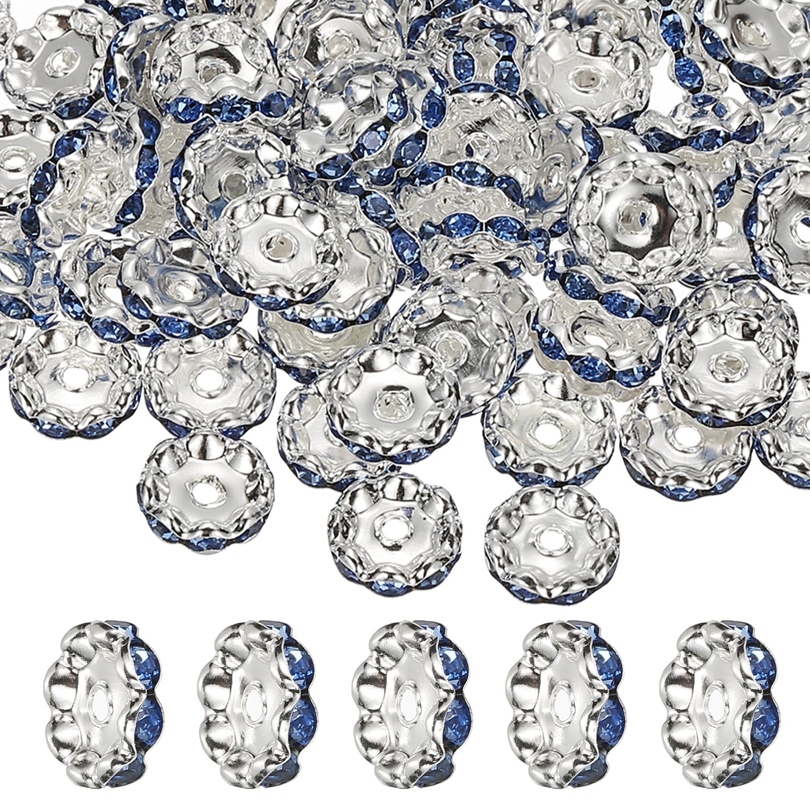 PATIKIL 12mm Wavy Rhinestone Spacer Beads, 200Pack Loose Jewelry Making Spacers Beadable Rondelle Diamond Beads DIY Bracelets Pen Silver Plated for Craft Supplies Decor, Light Blue — image 1
