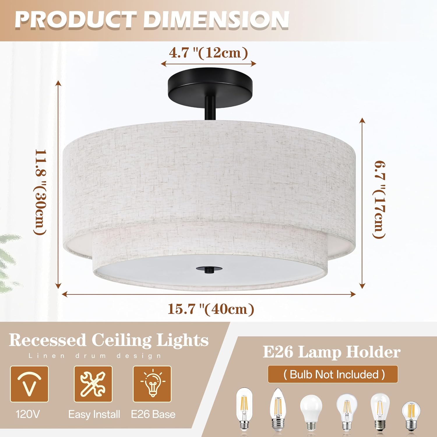 3 Light Semi Flush Mount Ceiling Light Fixture 15.7 Inch Modern Black Drum Ceiling Light Fixture with 2-Layer Fabric Shade Dimmable Close to Ceiling Light for Living Room Hallway Bedroom Entryway