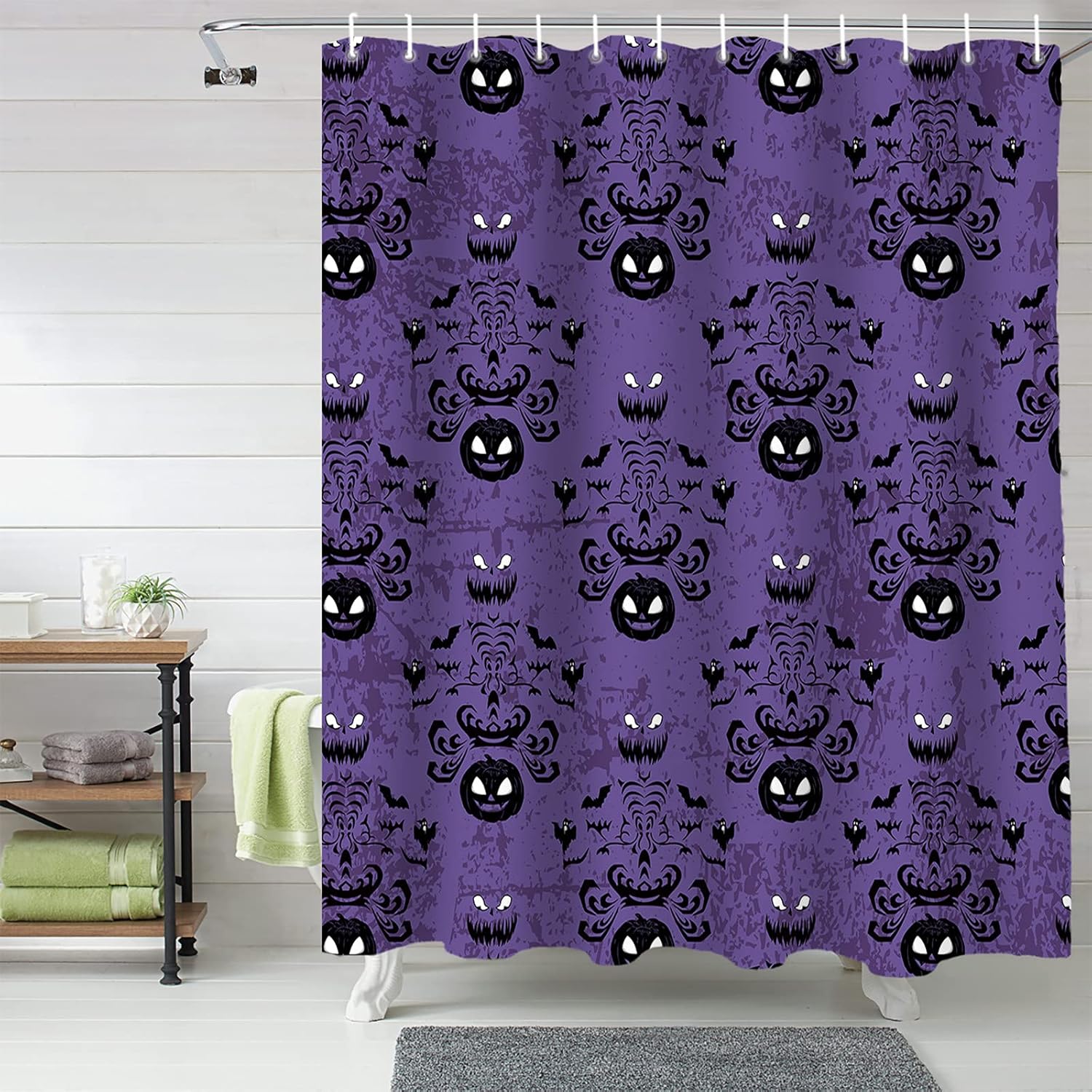 Halloween Shower Curtain for Bathroom Ghost Pumpkin Bats Shower Curtains Set with Hooks Haunted Mansion Purple For Halloween Decoration Bath Curtains Sets Polyester Waterproof Extra Long 72" x 84"
