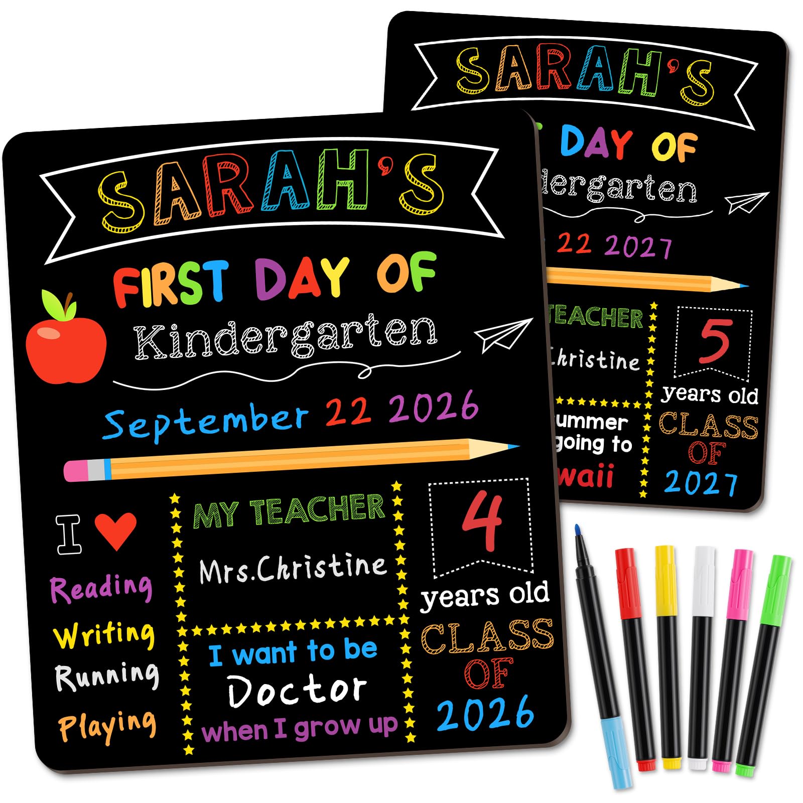 First &amp; Last Day of School Signs with 6 Writing Pens, 10 x 12 Inch Double Sided Back to School Board, Reusable Wooden 1st Day of Preschool/Kindergarten Photo Props