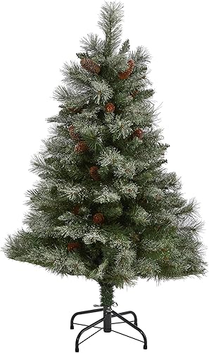 Nearly Natural Árbol de Navidad artificial de pino de montaña de los Alpes franceses nevados de 4 pies con 237 ramas flexibles y piñas