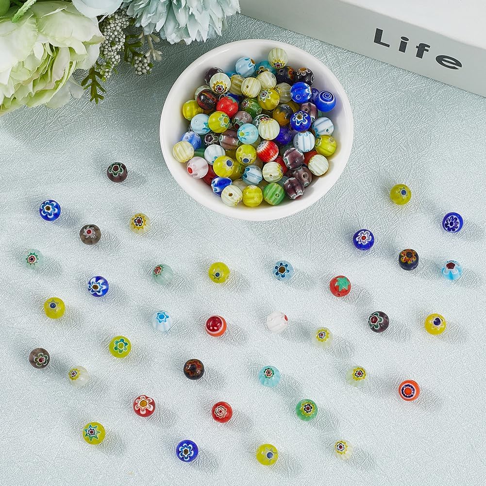 1 Box 144PCS 8MM Handmade Millefiori Lampwork Glass Beads with Holes Assorted Round Flower Pattern Colorful Spacer Loose Bead Bulk for Jewelry Making Necklaces Bracelets DIY Craft Supply - Image 3