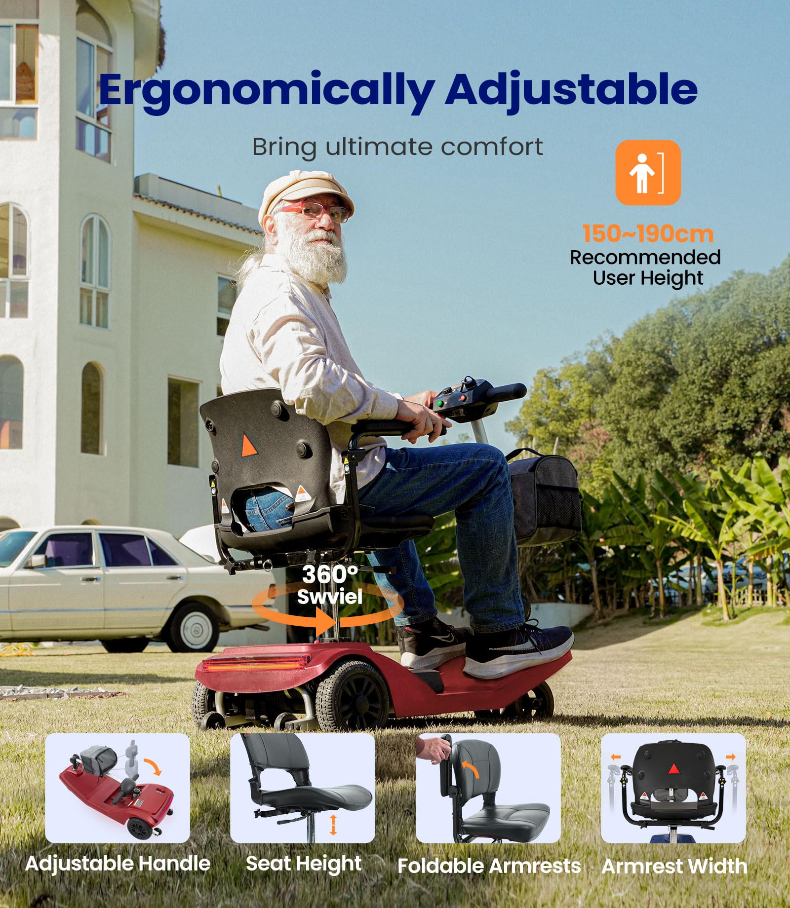 VOCIC D50 Scooter de movilidad de 3 ruedas ultraligero(22KG),Movilidad scooter 136KG plegable para personas mayores de alcance de 25KM para todo terreno con lona,apoyo de 5 años| Rojo