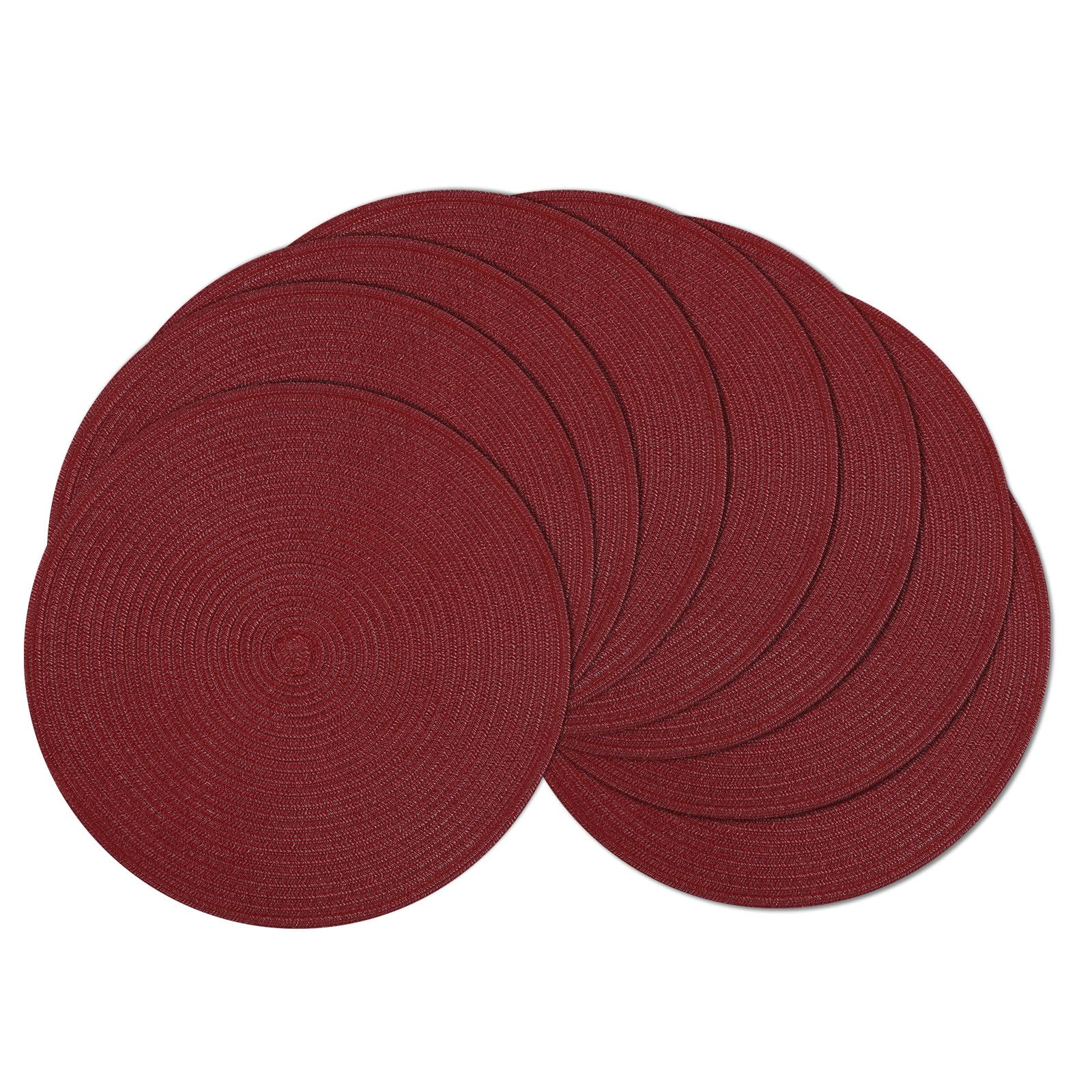 SHACOS Round Placemats Set of 8 for Dining Table 15 inch Round Braided Place Mats Cotton Polyester Washable Non Slip Kitchen Table Mats, Burgundy