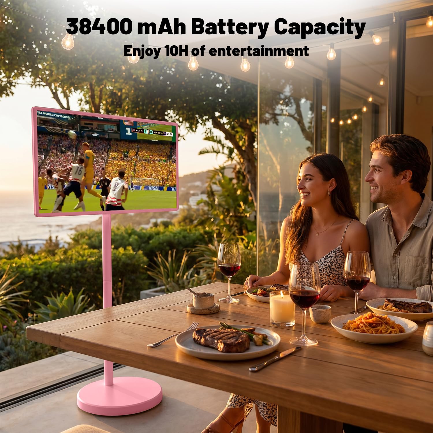 VLH 32 Zoll Portable TV, Mobiler Tragbarer Fernseher auf Rollen, Android 15, EDLA-Zertifiziert, 8G+128GB, Fahrbarer Akku TV auf Rollen mit Sprachfernbedienung, 10W Stereolautsprecher, 38.400mAh