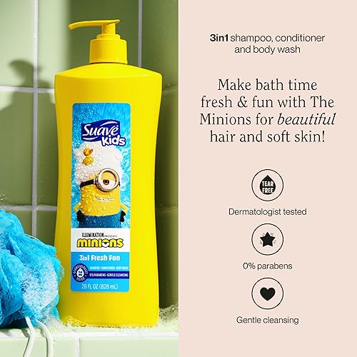 Miniatura 2 de Suave Kids Minions - Champú, acondicionador y gel de baño 3 en 1, para una limpieza suave y sin desgarros, 28 onzas (paquete de 4)