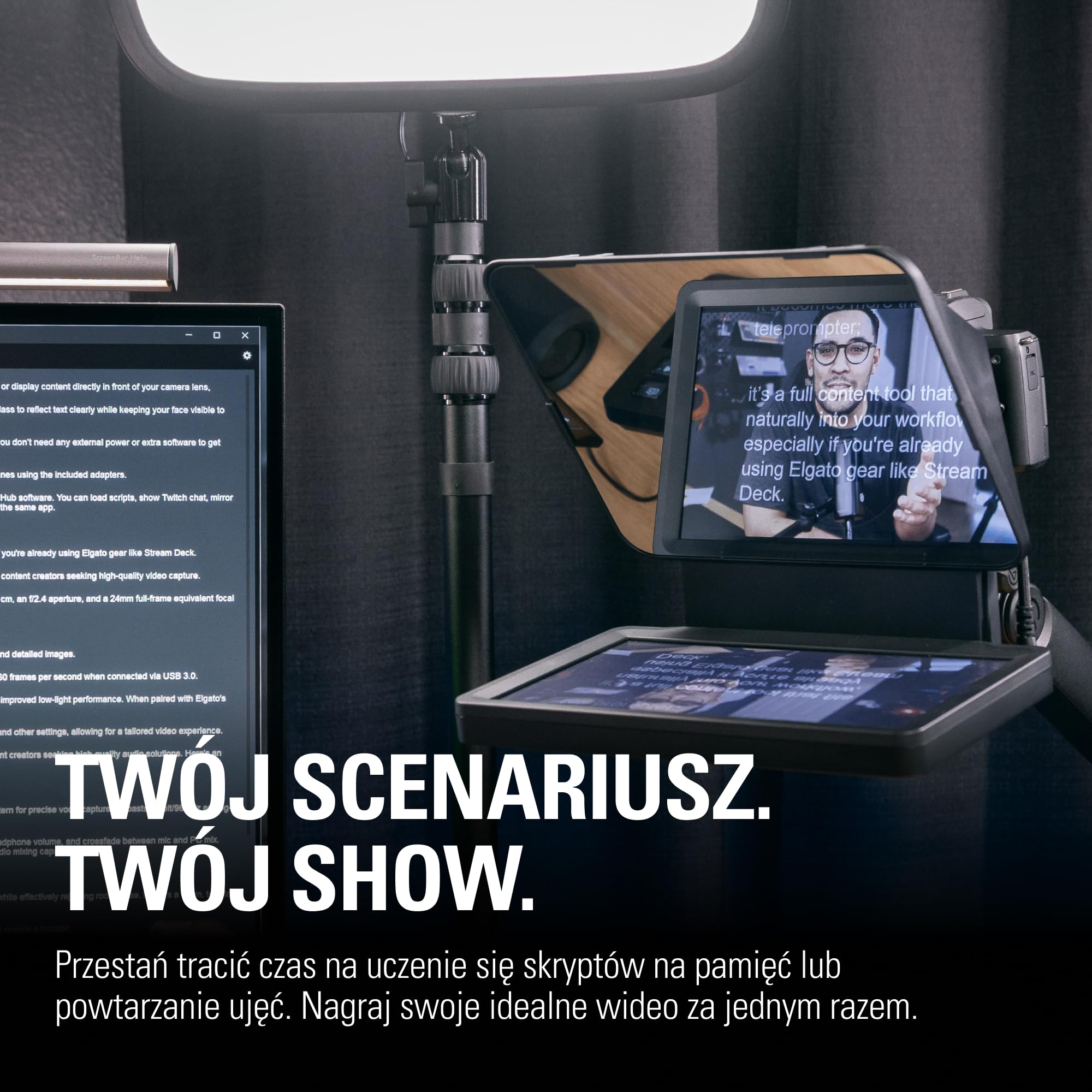 Elgato Prompter – Teleprompter z wbudowanym ekranem do YouTube, Twitch, Zoom, MS Teams i więcej, obsługuje DSLR/Webcam/Smartphone, funkcja przeciągnij i upuść na monitorze, działa z Mac/PC&Stream Deck | Kompatybilny z ekranem 9-calowym/YouTube/Twitch/Zoom
