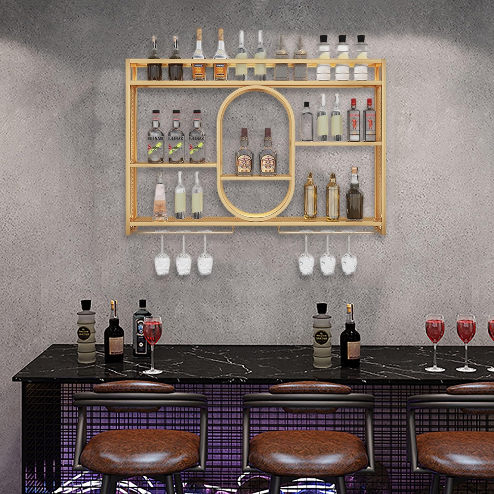 ISCBAFYX Pływający metalowy stojak na wino z oświetleniem LED Półki do montażu na ścianie na szklanki i butelki z alkoholem Półka o dużej pojemności lub dekoracja kuchenna Czarny/złoty