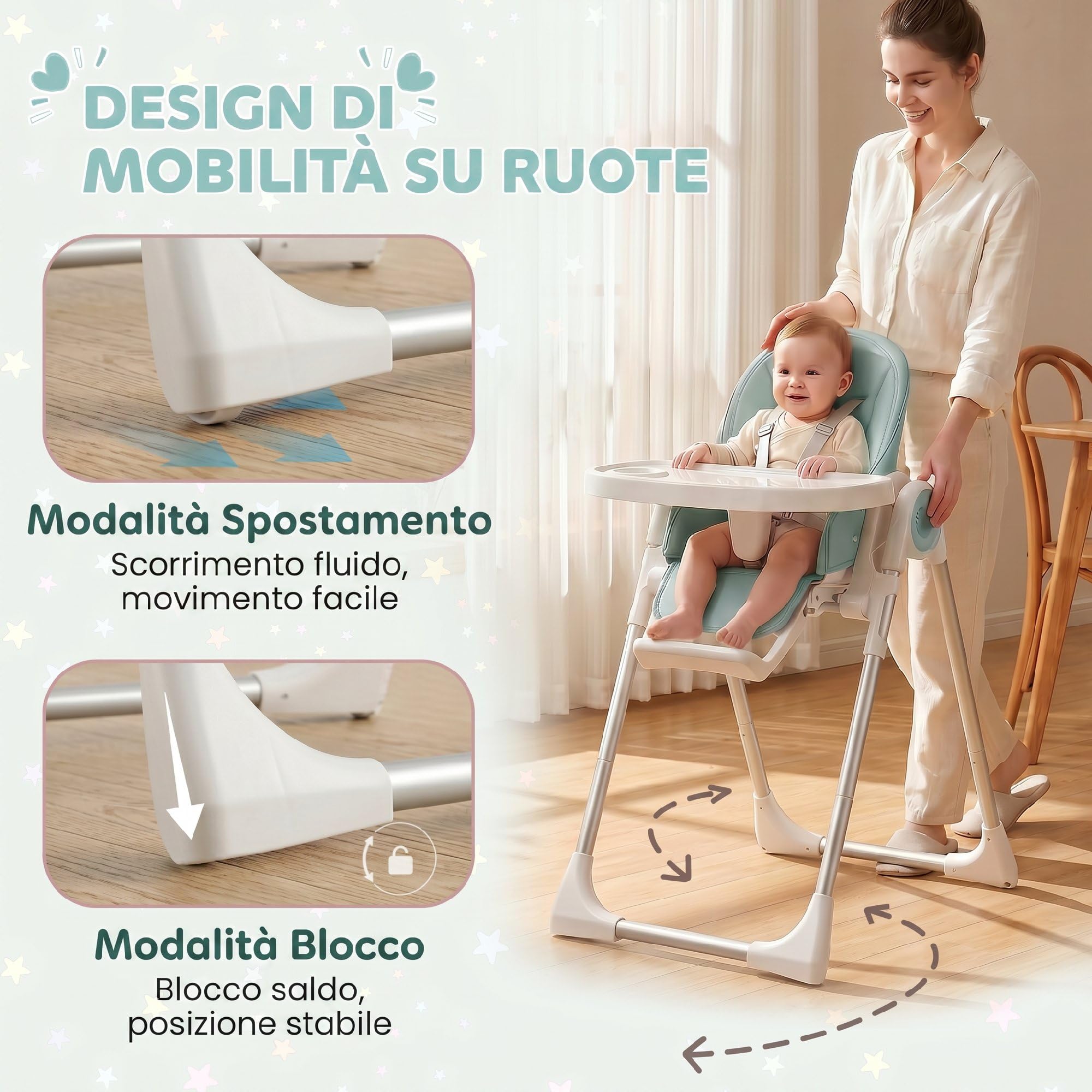 AIYAPLAY Seggiolone Pappa Evolutivo Bambini Pieghevole, 6-36Mesi/15kg Verde | Reclinabile, Altezza e Poggiapiedi Regolabile, Doppi Vassoio Lavabile e Regolabili, Ruote, Cintura 5 Punti