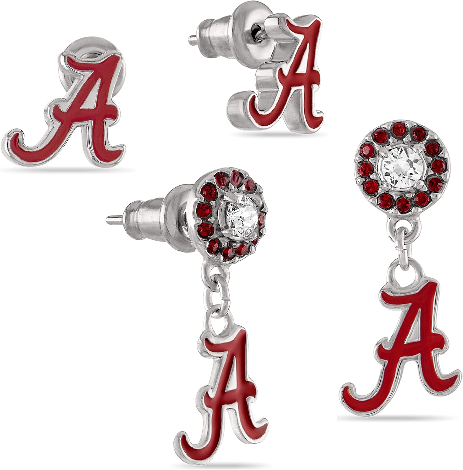 Alabama Football Accessories - Crimson A Stud and Crystal Drop Earring Set - Stainless Steel Hypoallergenic Earrings for Women - Alabama Crimson Tide Gifts and Game Day Gear
