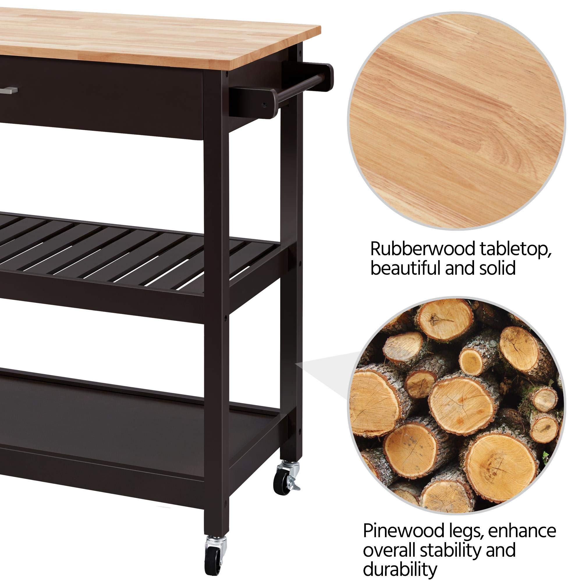 Yaheetech Desserte sur roulettes Solide, 101 x 51 x 92 cm Espresso | Plan de Travail Meuble de Cuisine, Étagère range-bouteilles, 2 Roues avec Frein, 1 Tiroir 2 Étagères Pour Bureau Cuisine