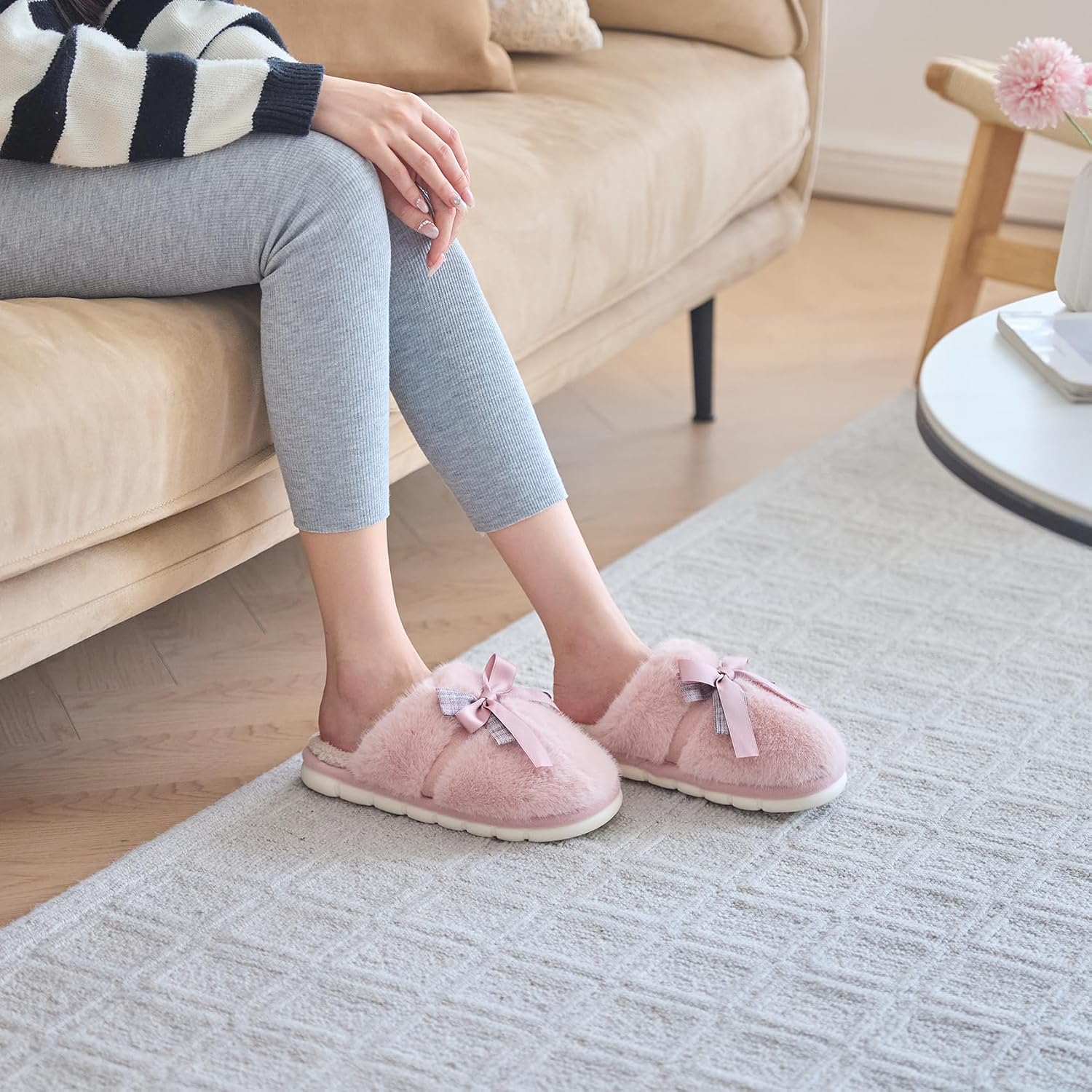 GOEWY Cute Women's Memory Foam House Slippers - Fuzzy Plush Faux Fur Slippers with Bow Butterfly Tie - Anti-Skid Indoor/Outdoor Gifts for Women, Moms & Ladies