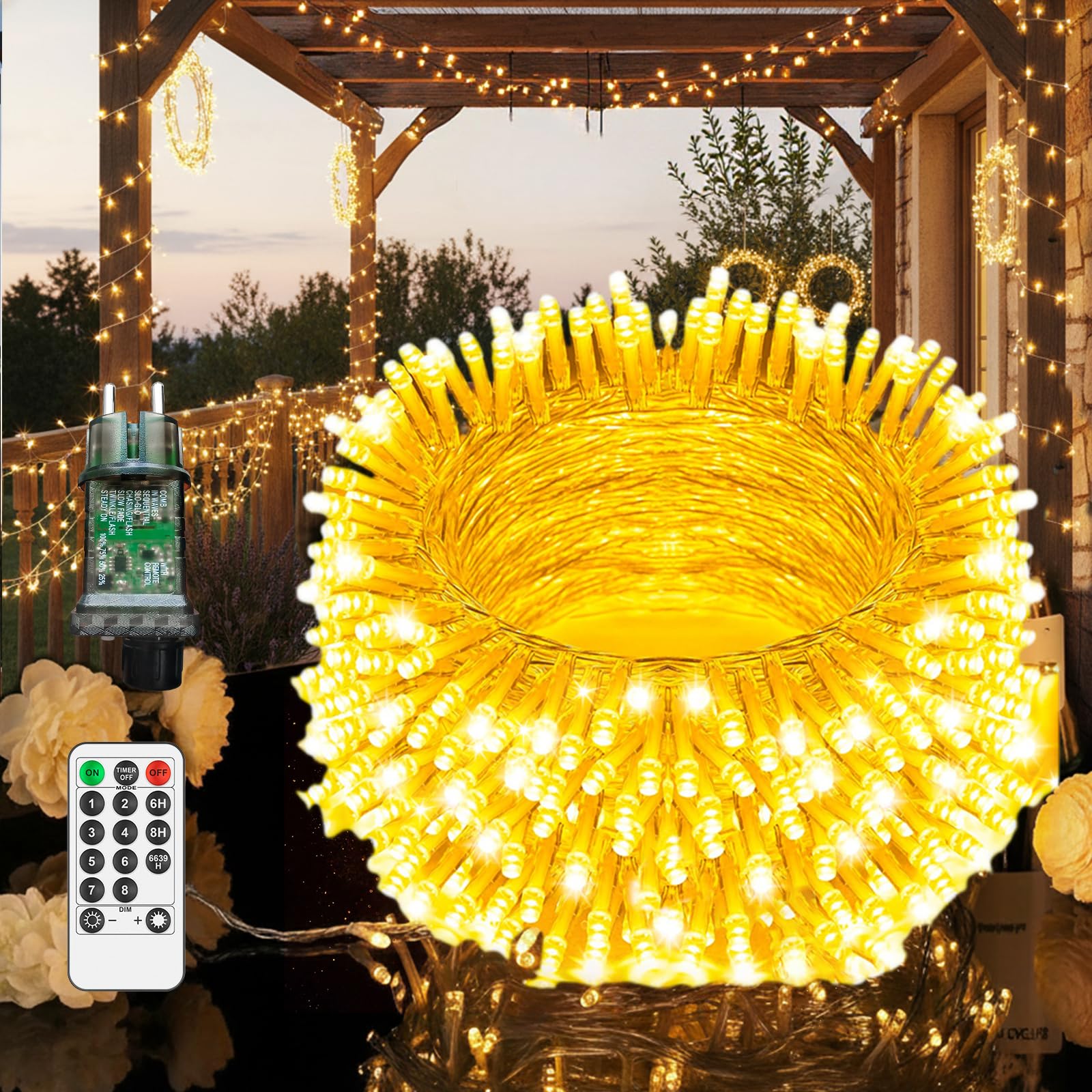 LED Lichterkette Außen 25m mit 200 Warmweißen LEDs, Strombetriebene Lichterkette für Innen & Außen, IP44 Spritzwassergeschützt mit Fernbedienung und Timer, 8 Leuchtmodi für Balkon Deko, Gartendeko