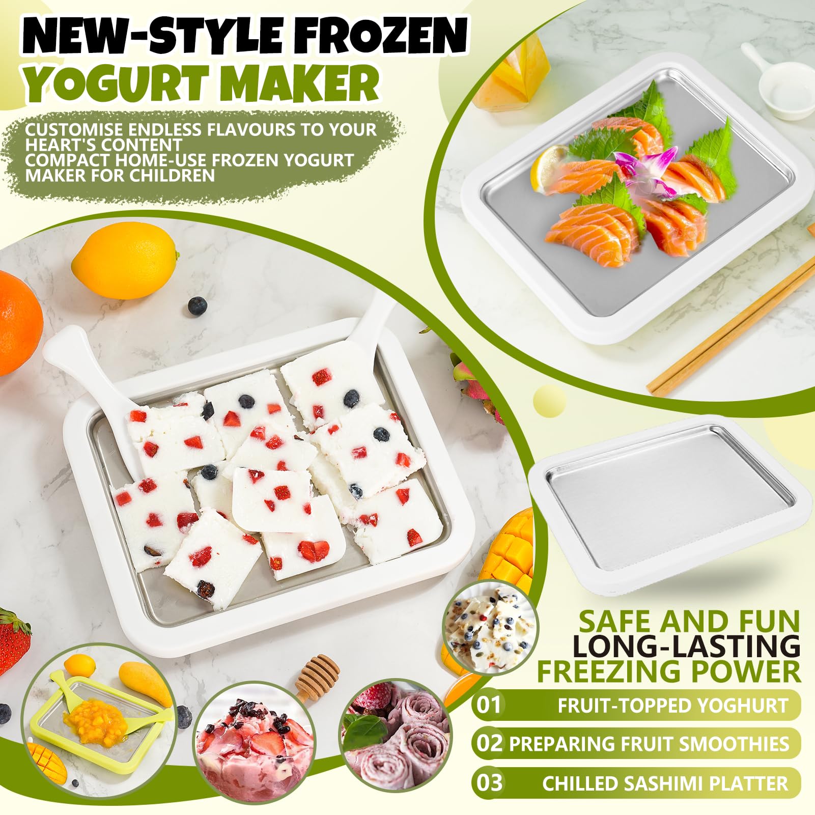 Macchina Gelatiera Istantanea Con 2 Spatole, Padella Per Gelato DIY Rolling Ice Cream Maker Per Adulti E Bambini, Per Panna Fatta in Casa, Yogurt Gelato, Sorbetto (Bianco,22.5 * 17.5CM)