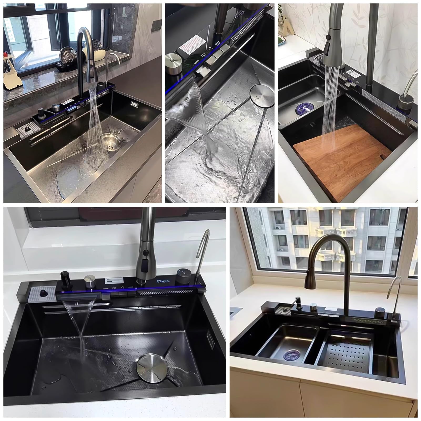 Fregadero de Cocina Tipo Cascada Mejorado, Fregadero Inteligente de Acero Inoxidable Nano con Grifo extraíble, lavavasos, Kit de desagüe, Fregadero Grande de un Solo Seno Estilo gr