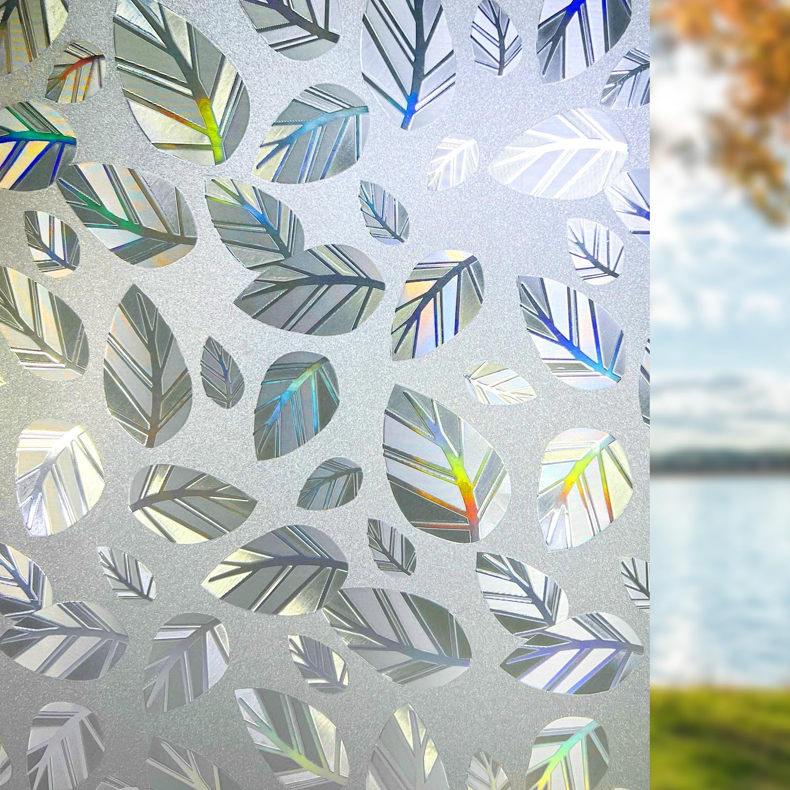 – Qualsen Window Film Privacy 3D Leaf Patterned Rainbow Privacy Film for Glass Windows No Glue Static Cling Frosted Window Films Opaque Decorative Vinyl Glass Films for Home Office 44.3x200cm
