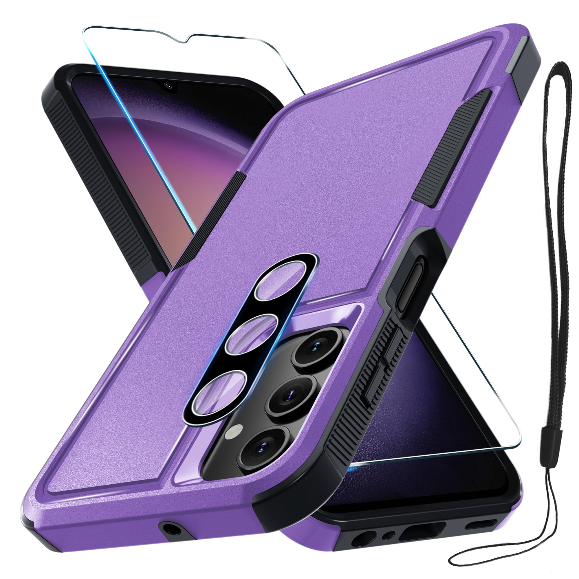 Photo 1 of RMOCR Case for Samsung Galaxy A16 5G, Full Body Heavy Duty Rugged Shockproof Protective Phone Cover with Lanyard Strap, Tempered Glass Screen Protector and Camera Lens Cover, Lavender