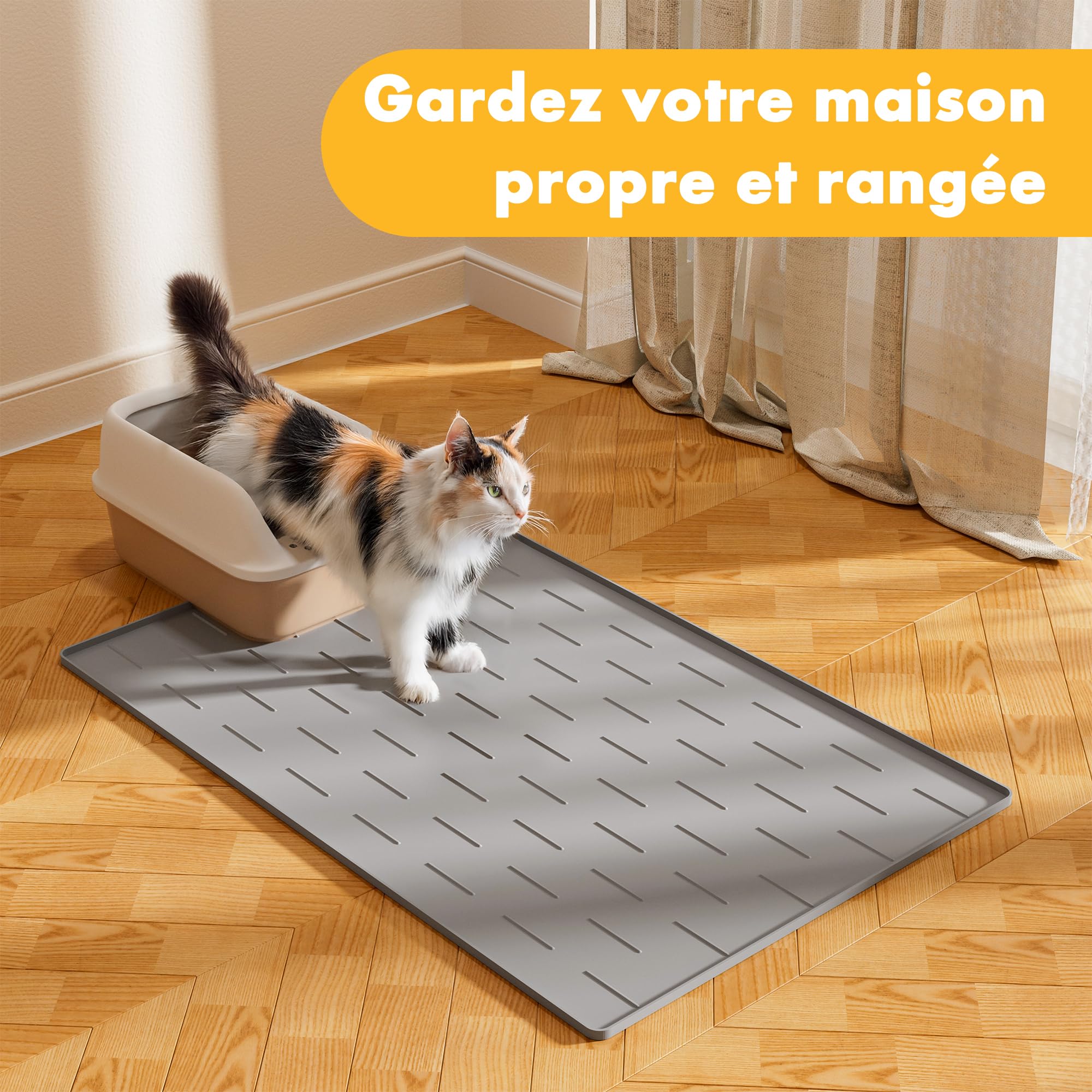 Pieviev Tapis Litière Chat Grand, 86x56cm Tapis pour Bac à Litière | Silicone, Ramasse & Piège le Sable, Anti-Urine, Lavable, Cat Litter Mat Large, Protège le Sol, Gris Clair