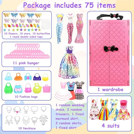BNUZEIYI 75 adet bebek giysileri ve aksesuarları bebek dolabı ile 11.5 inç bebek için - moda tasarım bebek seti gelinlik dahil moda elbiseler kıyafetler üstleri ve pantolon askıları çanta kızlar için