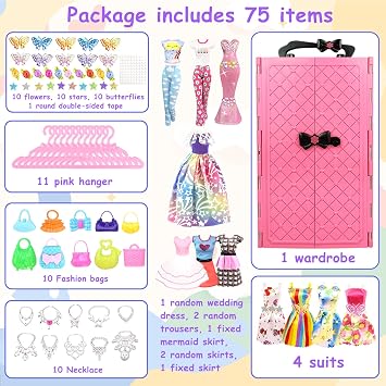 BNUZEIYI 75 adet bebek giysileri ve aksesuarları bebek dolabı ile 11.5 inç bebek için - moda tasarım bebek seti gelinlik dahil moda elbiseler kıyafetler üstleri ve pantolon askıları çanta kızlar için