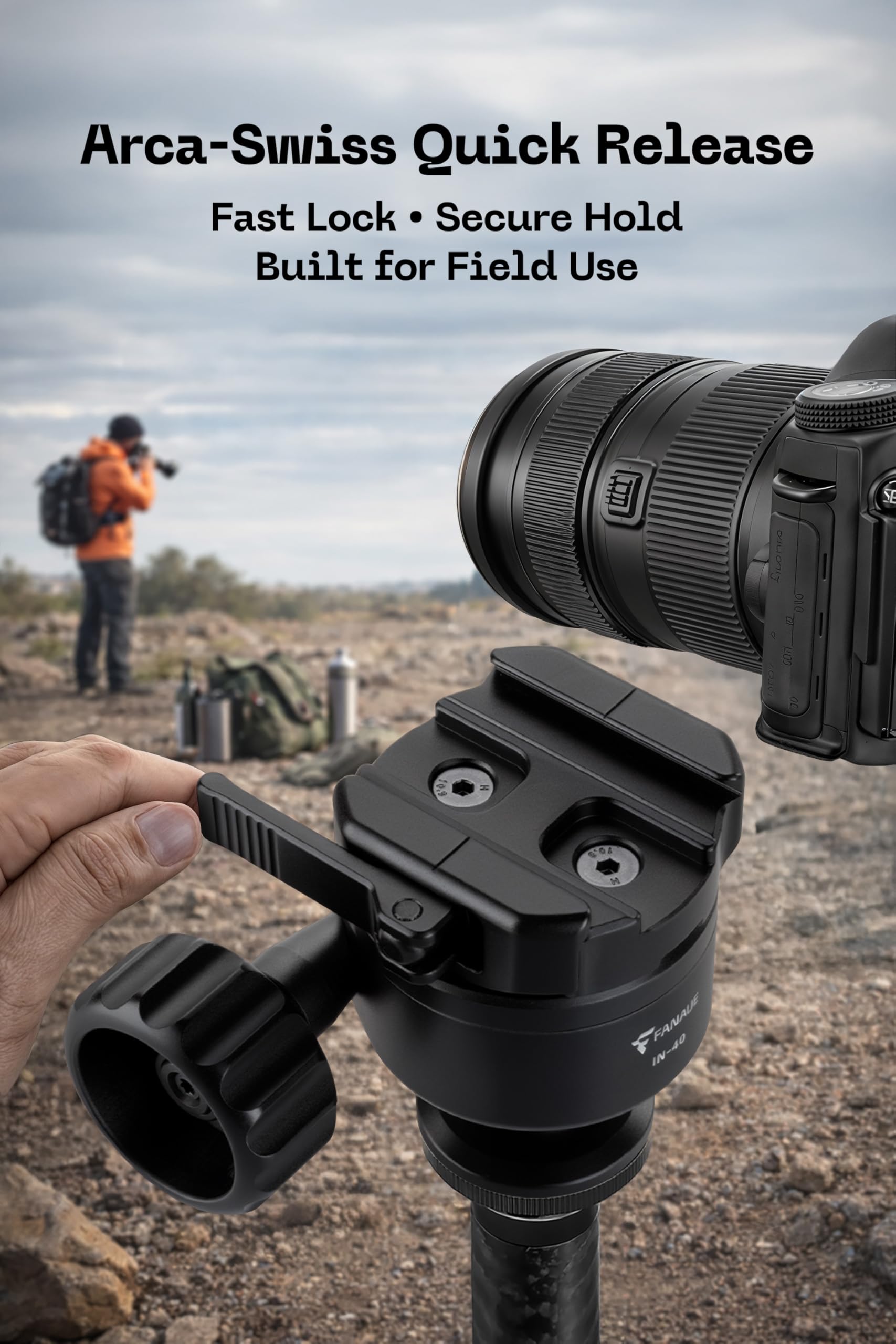 FANAUE IN-40T Testa fluida per treppiede, a basso profilo, 40 mm, testa a sfera compatibile con Arca Swiss/RRS, testa a sfera con filettatura da 3/8" con piastra a sgancio rapido per monopiede, DSLR