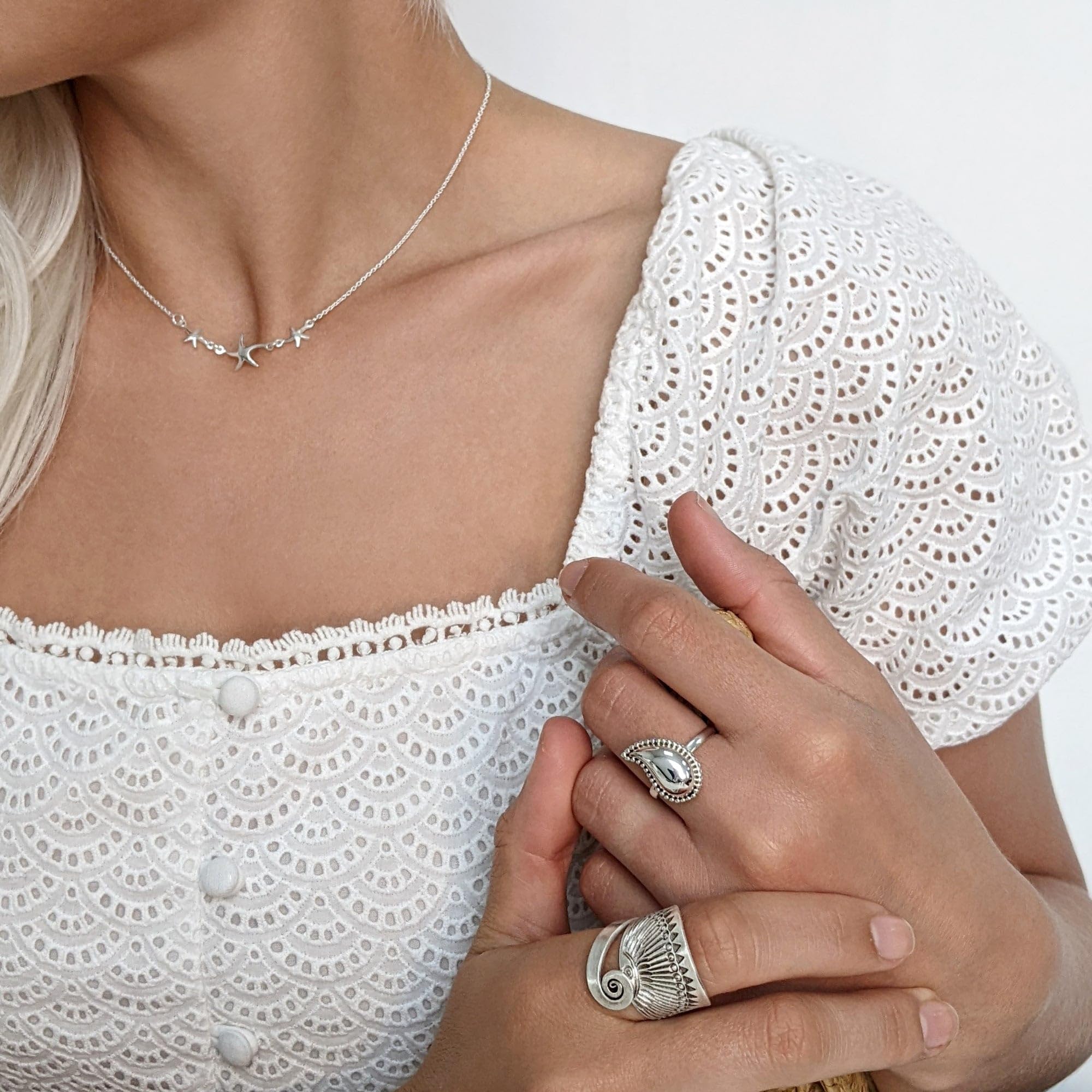 Silverly Collar Triple Estrella Mar Plata Esterlina Mujer | Charms Estrella Plata 925 Cadena Tipo Cable | Collares Sirena Vida Marina Mujer | Elegantes Joyas Inspiradas Océano