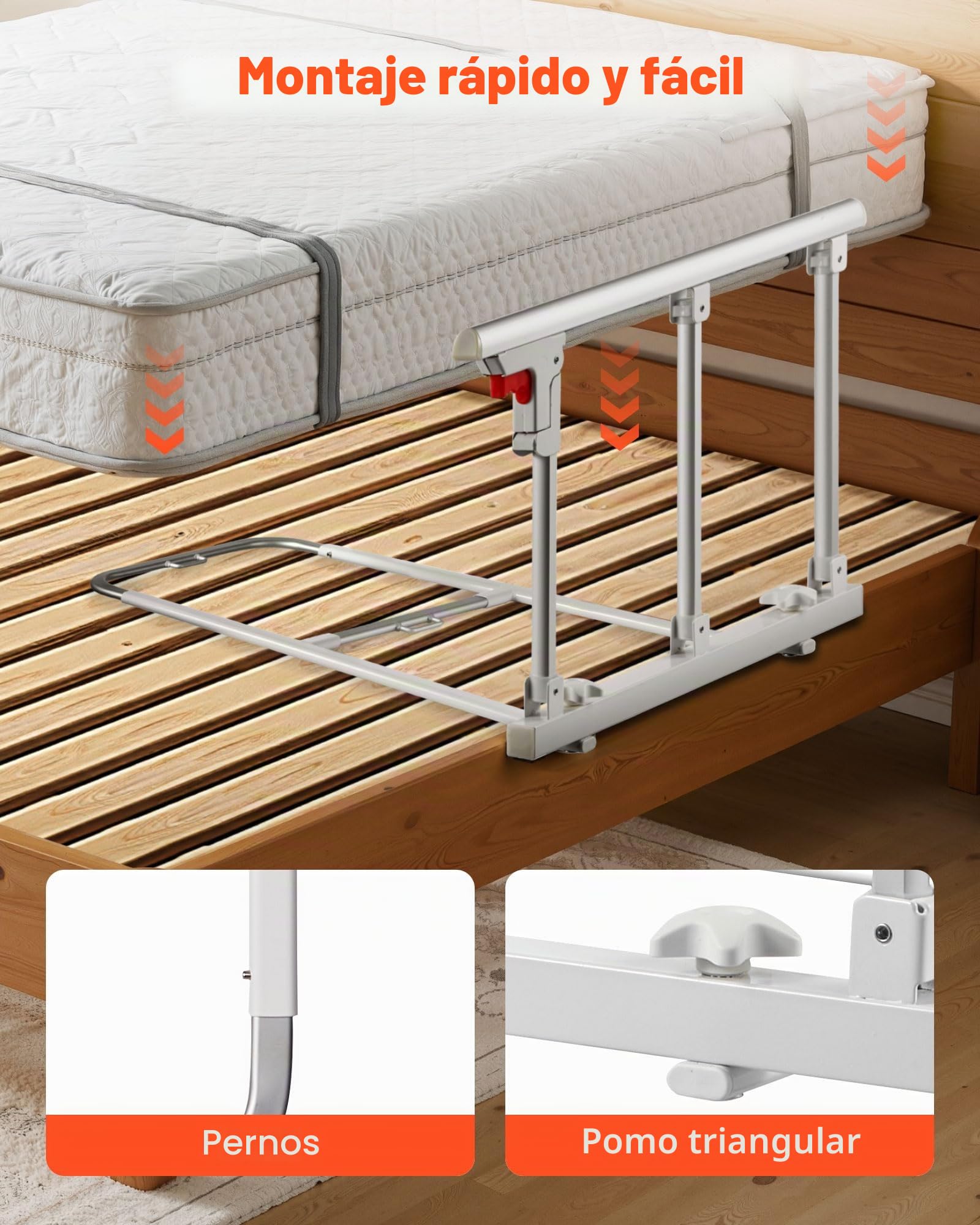 VEVOR Barandilla de Cama Plegable a Personas Mayores, 70 cm, con Correa de Sujeción, Protección Anticaídas y Protección de Bordes, Compatible con Camas King, Queen, Matrimoniales e Individuales